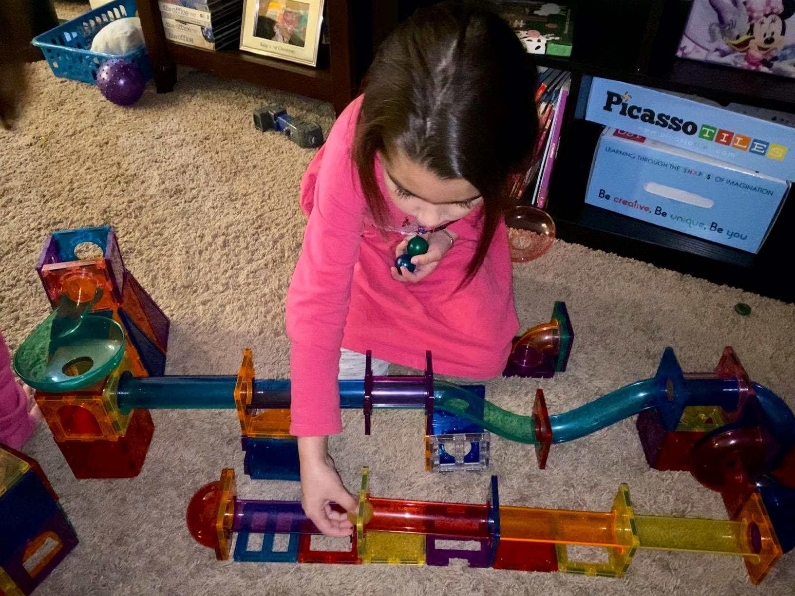 PicassoTiles 70 Piece Marble Run Magnetic Tiles Race Track STEM Ages 3+ | 8 quarter-round turns, 10 long slides, 4 U-turns, 2 funnels & 2 slopes, 4 weighted balls, BPA-free, fine motor & spatial play customer photo 1