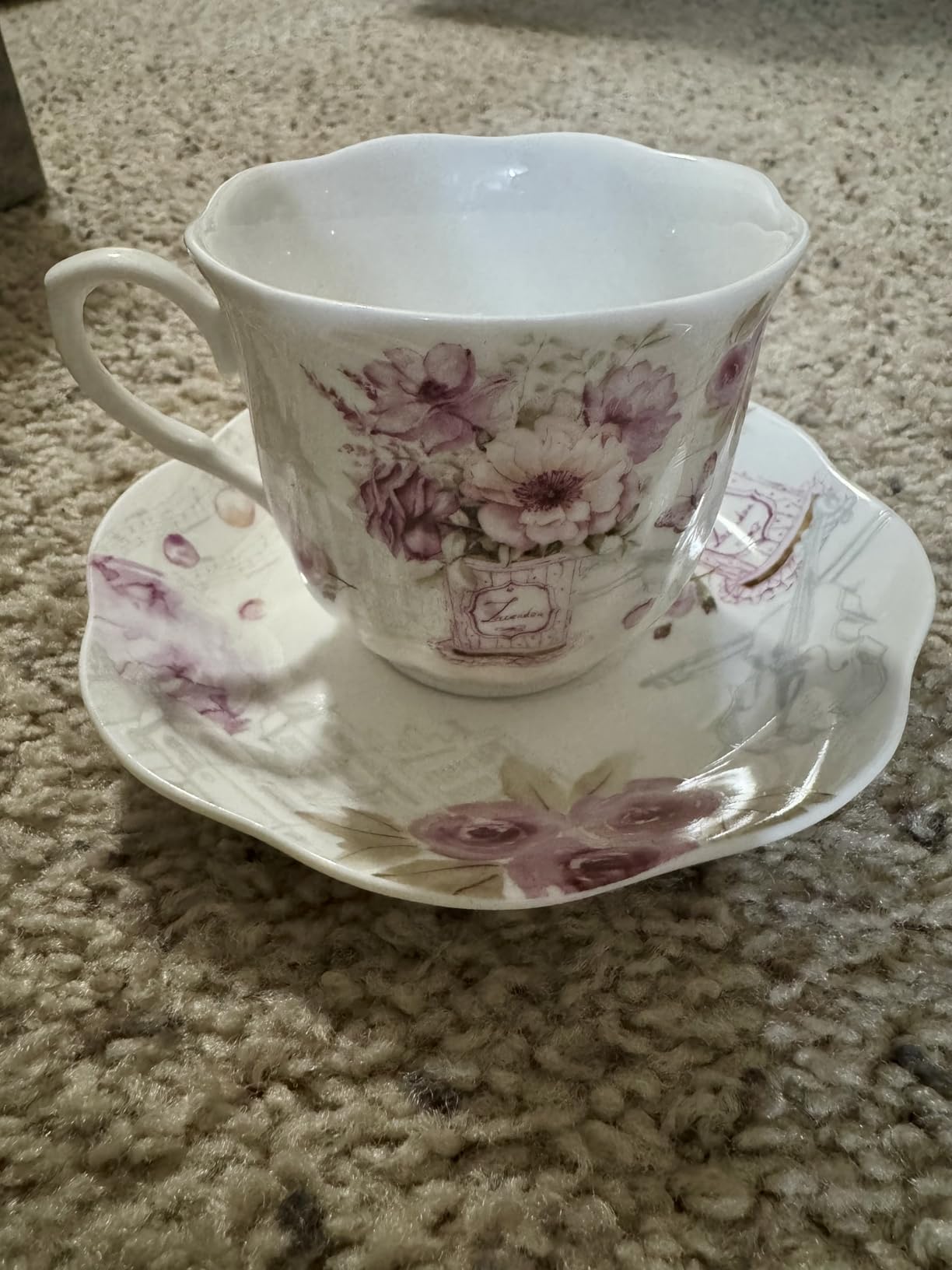 GuangYang 7 oz Porcelain Tea Cups and Saucers set of 6, Purple Fancy Floral Pattern (Perfect for Cappuccino, Flat white Coffee, Americano, Hot Tea, or Desserts) customer photo 1