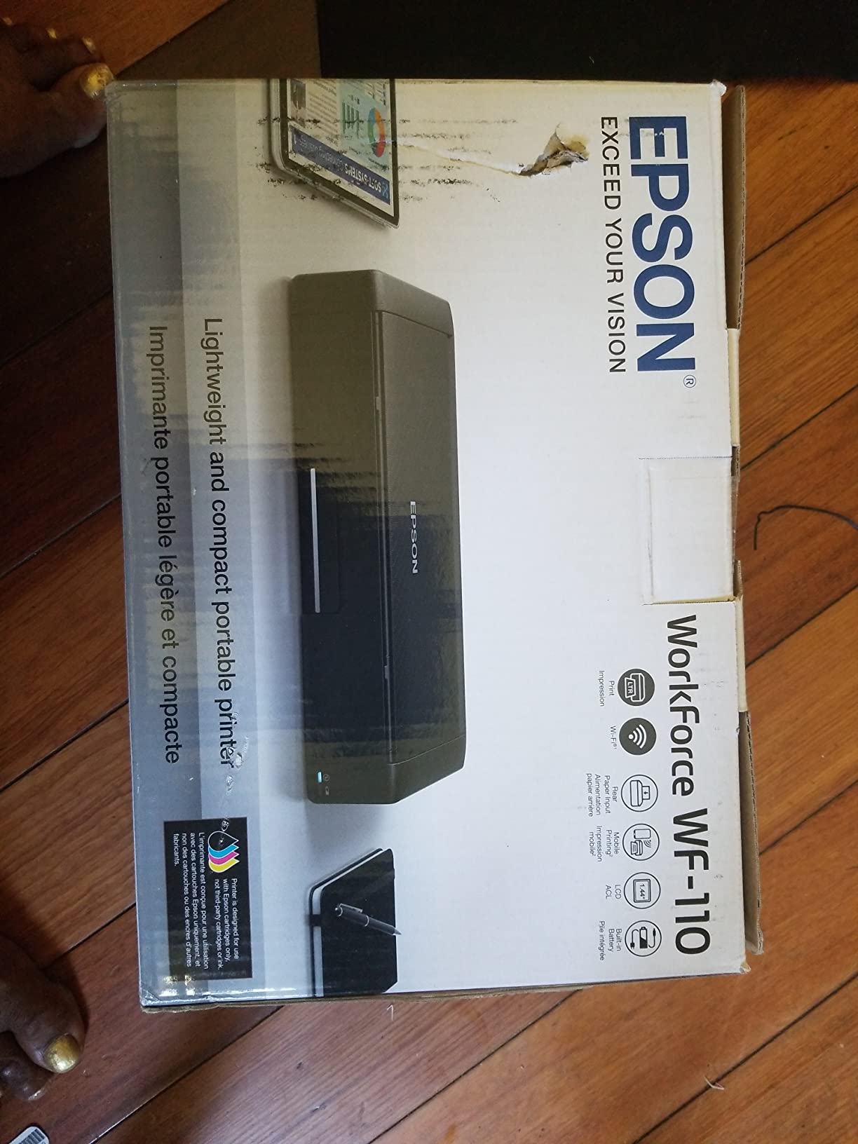Epson Workforce WF-110 Wireless Color Mobile Printer, White, Small, Black | Portable wireless color printing; up to 6.7 ppm, rechargeable battery, USB; ideal for businesses, travel and remote work customer photo 1