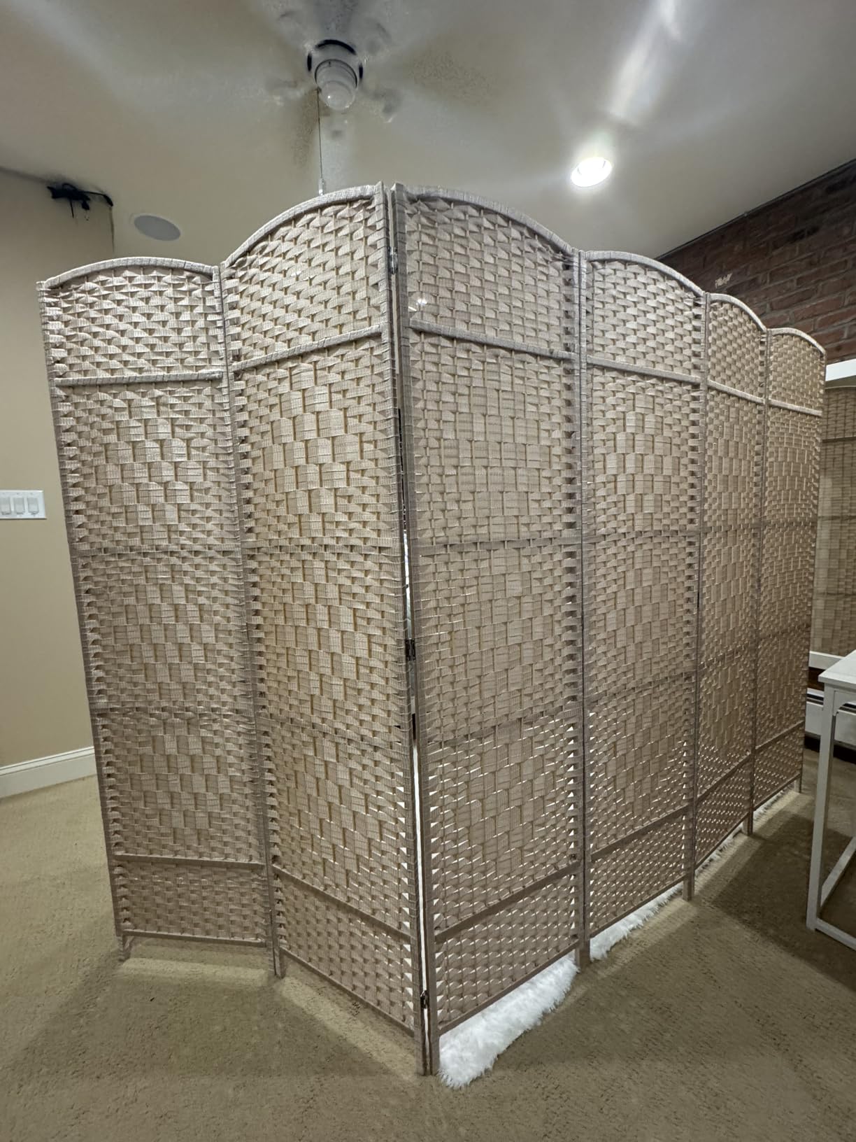 6 Panel Folding Room Divider, Woven Privacy Screen, Light Beige | Solid wood frame, handcrafted diamond pattern, 6FT tall, extends to 94.5 inches wide, no assembly required customer photo 2