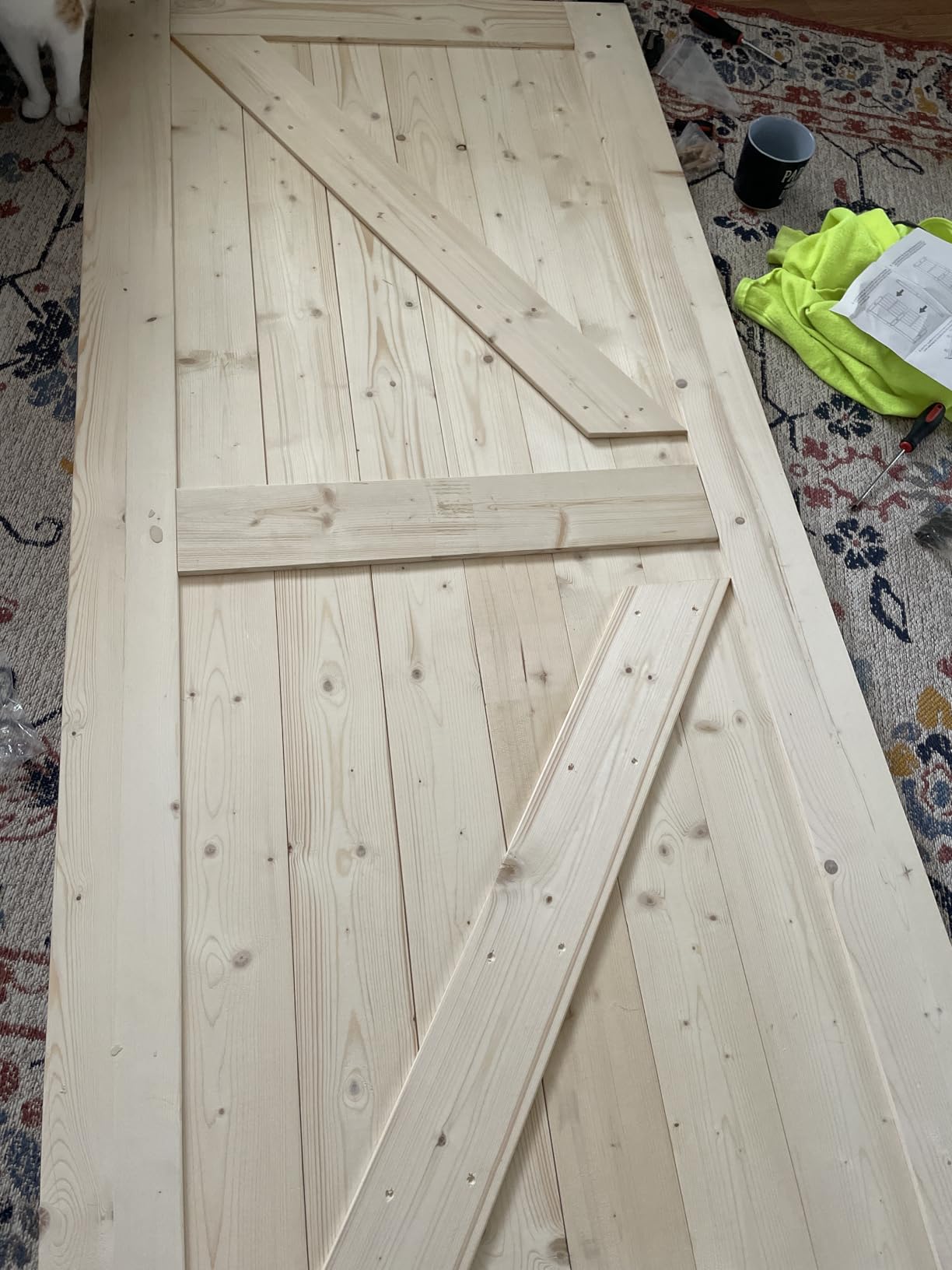 S&Z TOPHAND® 36in x 84in Unfinished British Brace Knotty Barn Door with Sliding Hardware Kit/Solid Wood/Sliding Door/Double Surfaces/A Simple Assembly is Required customer photo 2