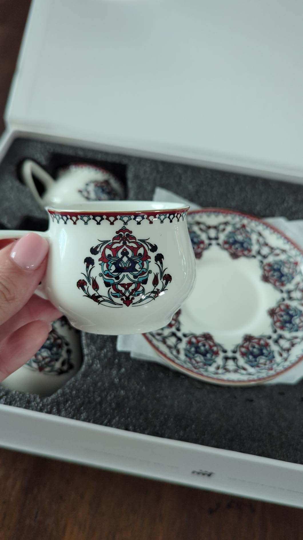 KARACA Iznik XL Turkish Coffee & Espresso Cups 12 Piece Set for 6 100ml | White porcelain cups with blue and turquoise floral motifs, matching saucers, glossy finish and hand-wash care. customer photo 2