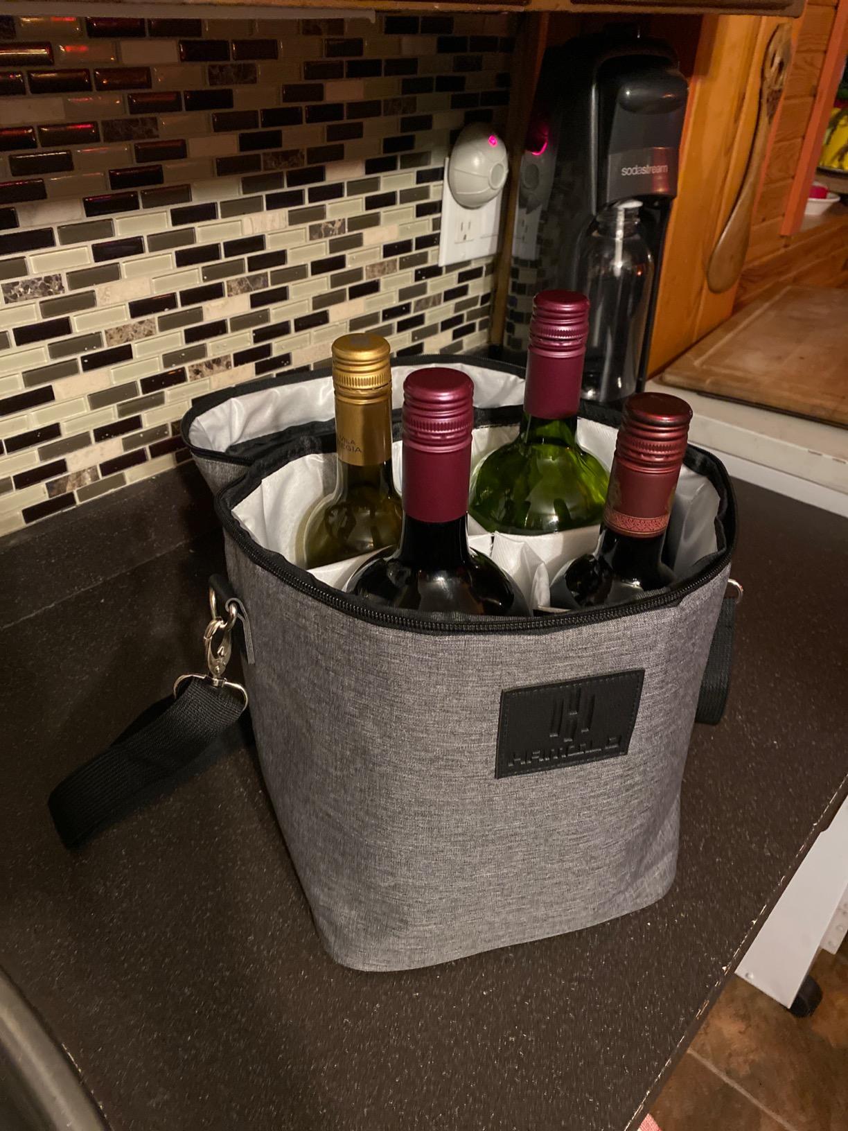 HAMILO 4 Bottle Wine Carrier, Expandable Insulated Wine Tote, Stripe customer photo 2