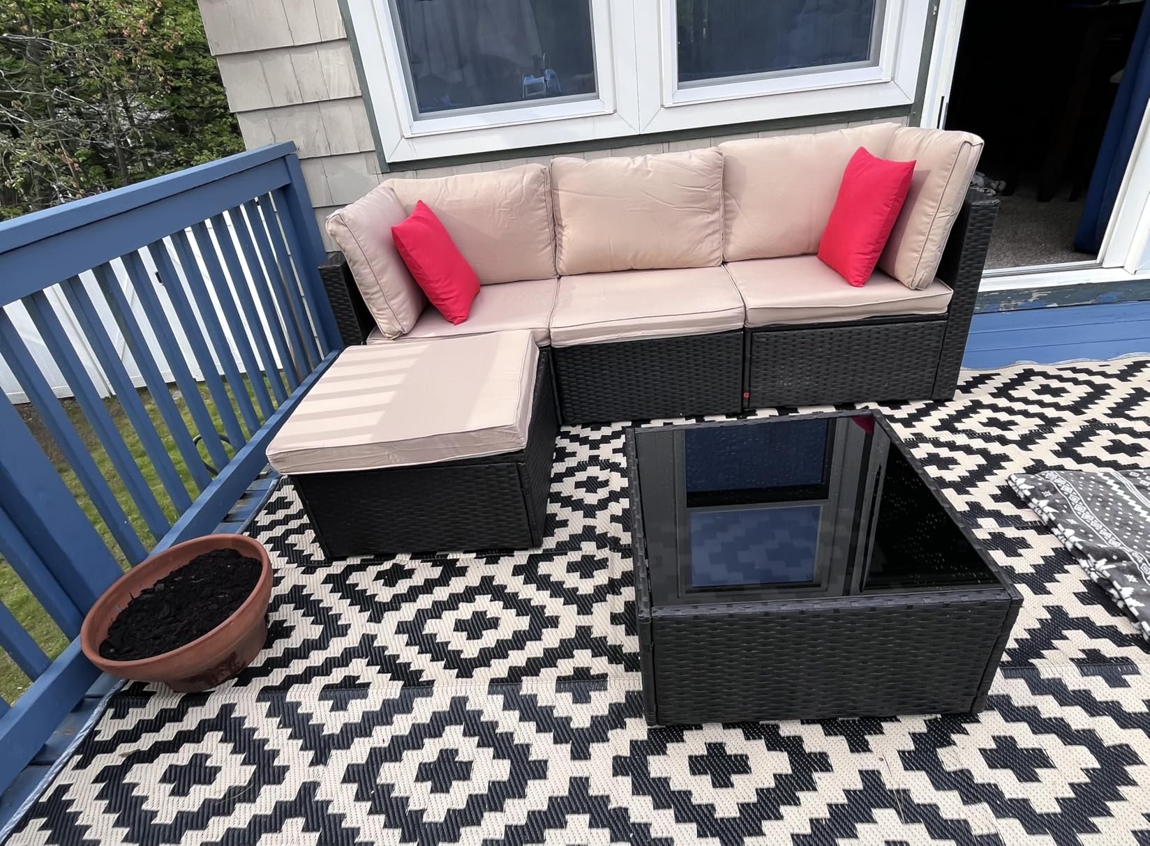 Vongrasig 5 Piece Patio Furniture Sets, Outdoor Patio Set Sectional Sofa | All-Weather PE Rattan Outdoor Couch with Ottoman, Glass Table for Garden, Backyard, Porch, Beige customer photo 2