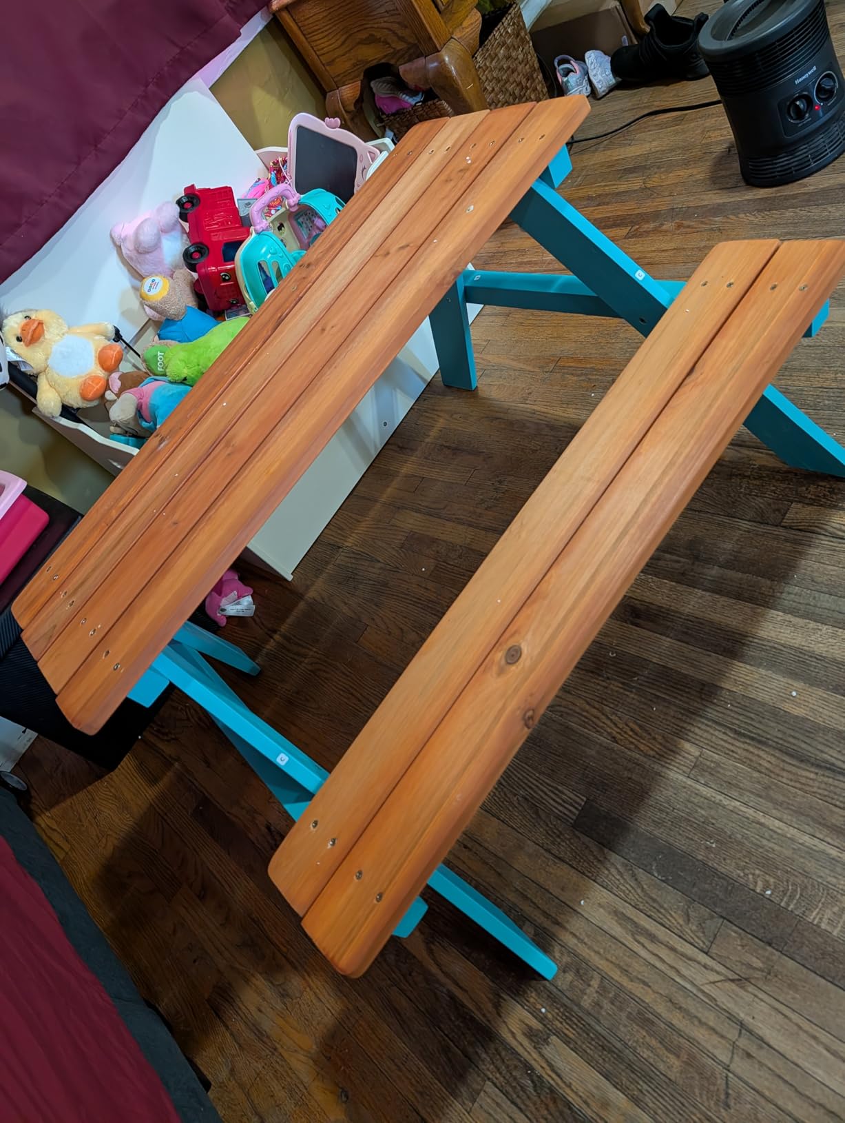 Teamson Kids - Wooden Outdoor Child Children Kids Picnic Table & Chair Bench Set - Brown/Aqua | Weather-Resistant Pine Wood, Seats 4 Children customer photo 2