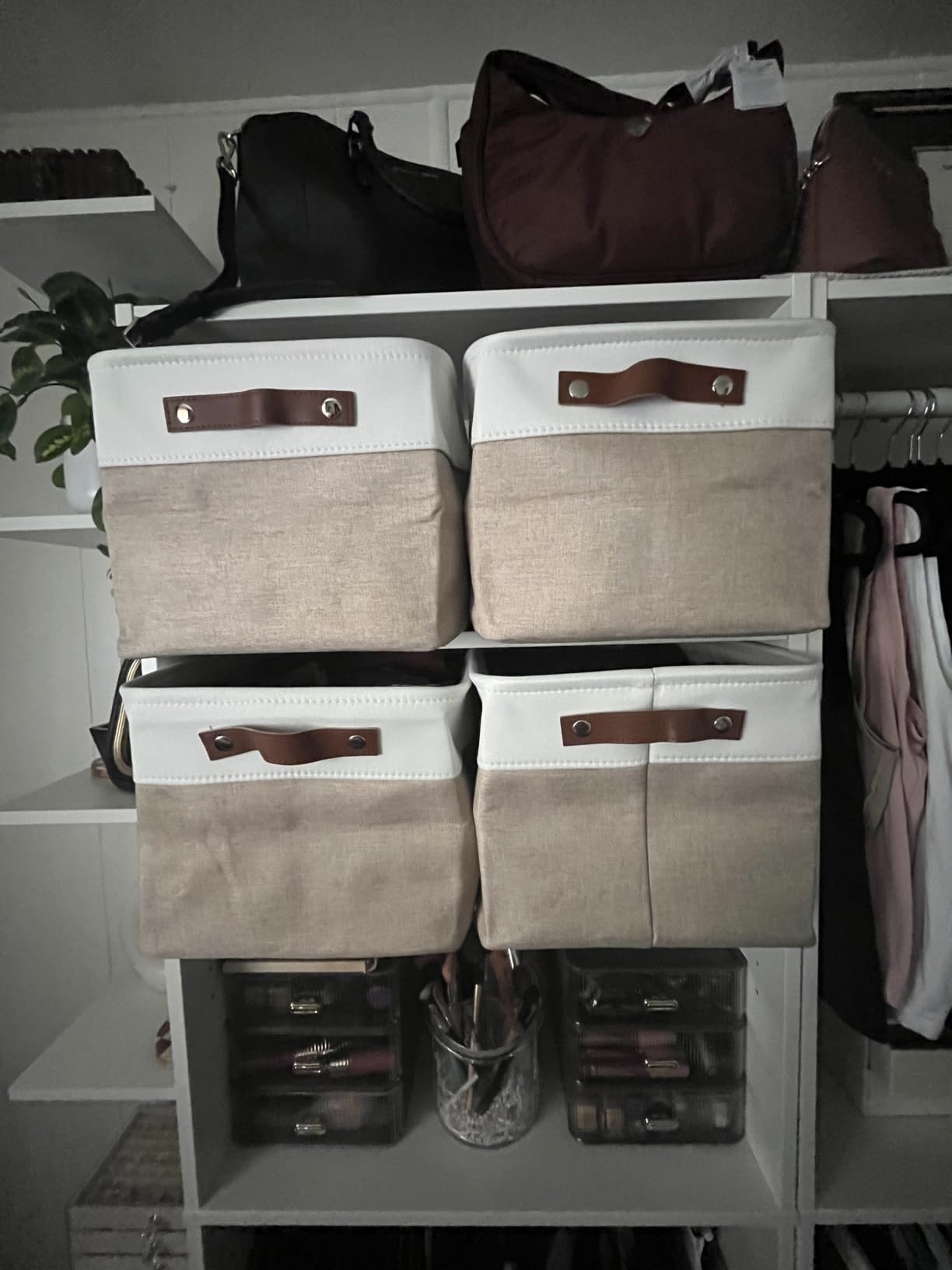 DECOMOMO Storage Bins, Large Fabric Storage Baskets for Shelves 3 Pack | 15 x 11 x 9.5 inches Decorative Linen Closet Organizers with Handles (Beige and White) customer photo 2