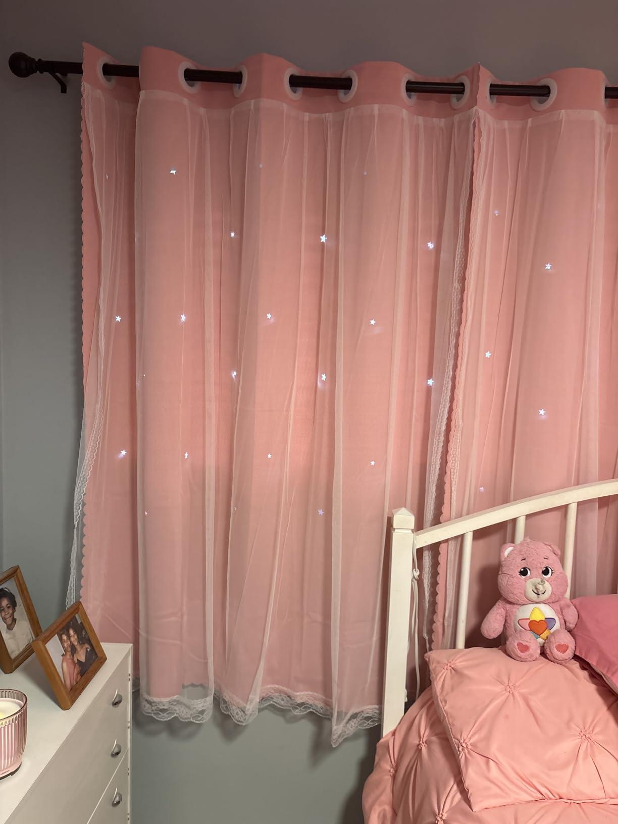 UNISTAR 2 Panels Stars Blackout Curtains for Bedroom Girls Kids Baby Window Decoration Double Layer Star Cut Out Aesthetic Living Room Decor Wall Home Curtain, W52 x L63 Inches, Pink customer photo 1