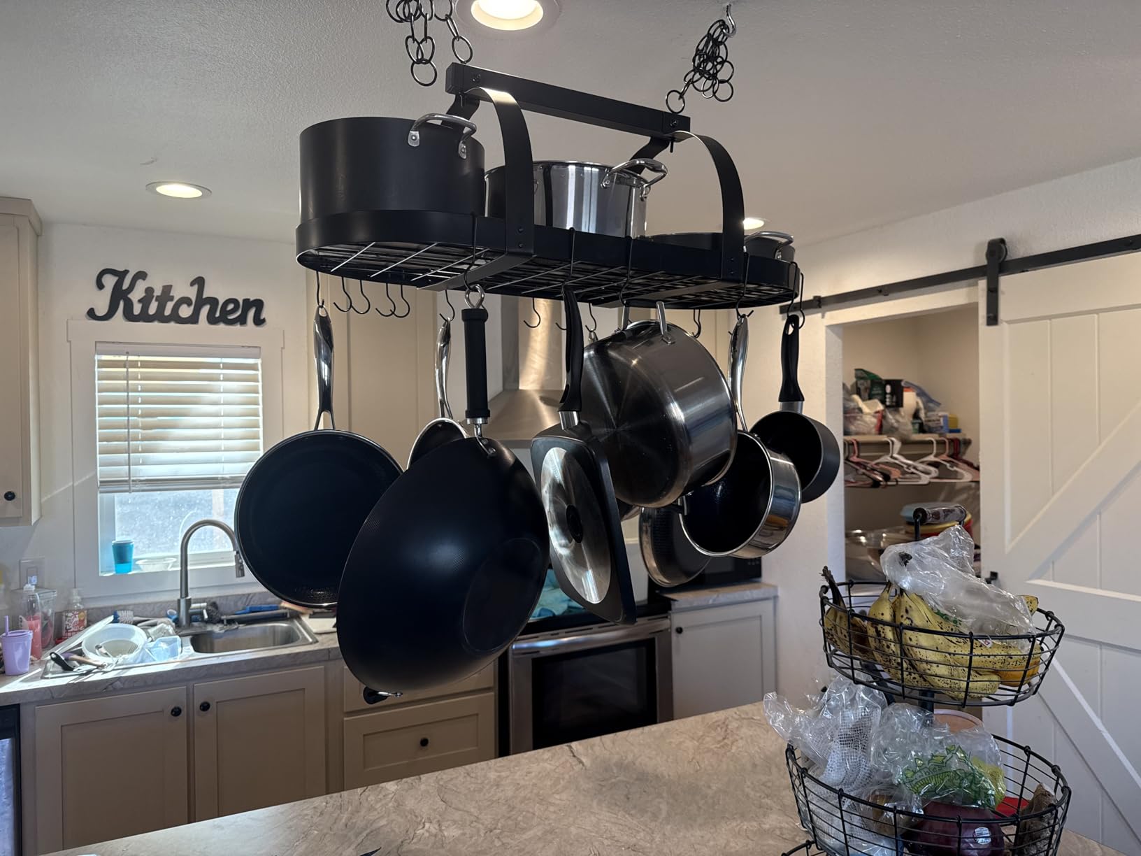 KES Ceiling Pot Rack 34-Inch Hanging Pot Rack for Kitchen Oval Pot and Pan Rack Matte Black Pot Hanger with 20 S Hooks (For 16