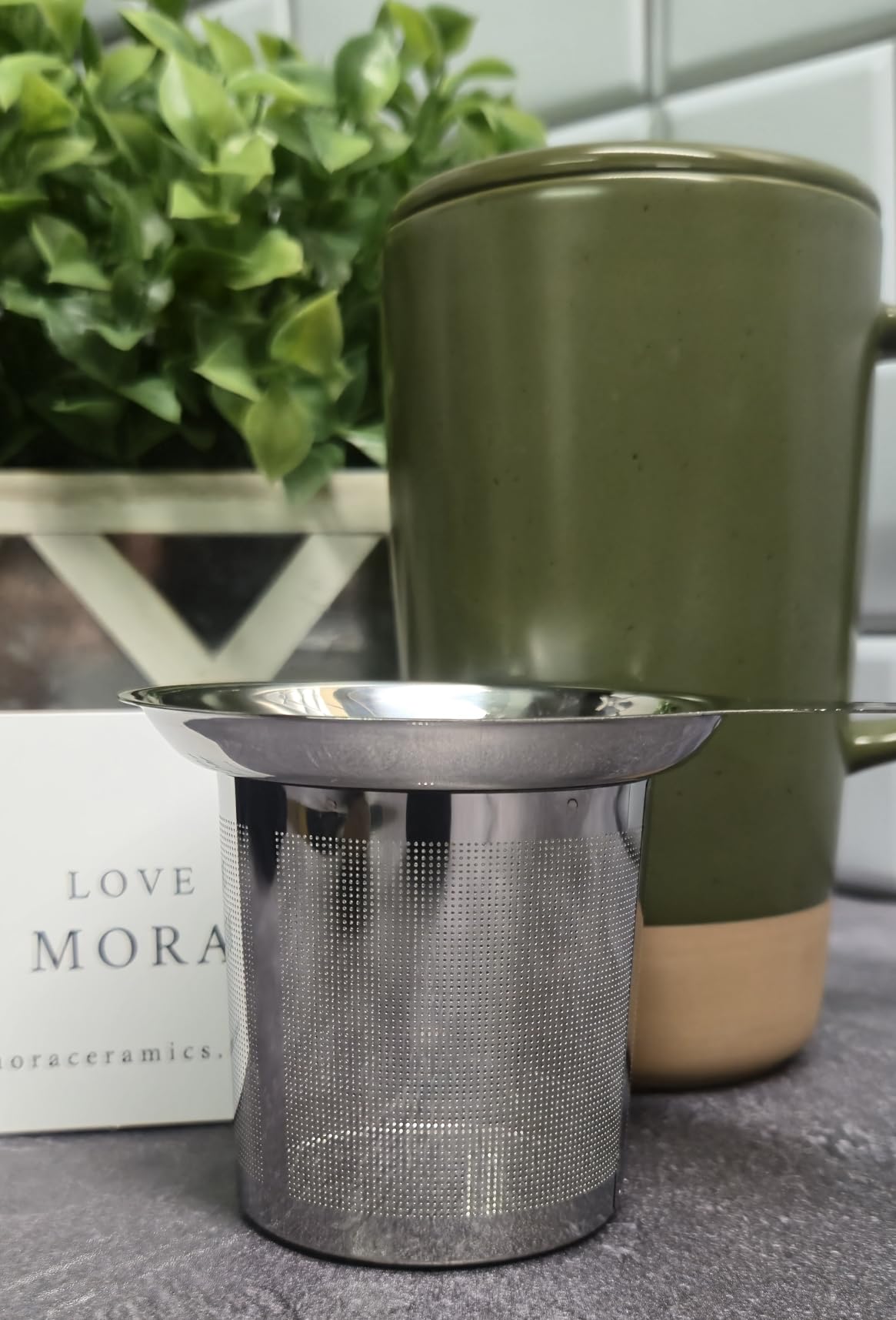 Mora Ceramics Large Tea Mug with Loose Leaf Infuser and Ceramic Lid, 18 oz, Portable, Microwave and Dishwasher Safe, Tall Coffee Cup - Rustic Matte Ceramic Glaze, Modern Herbal Tea Strainer, Olive customer photo 1