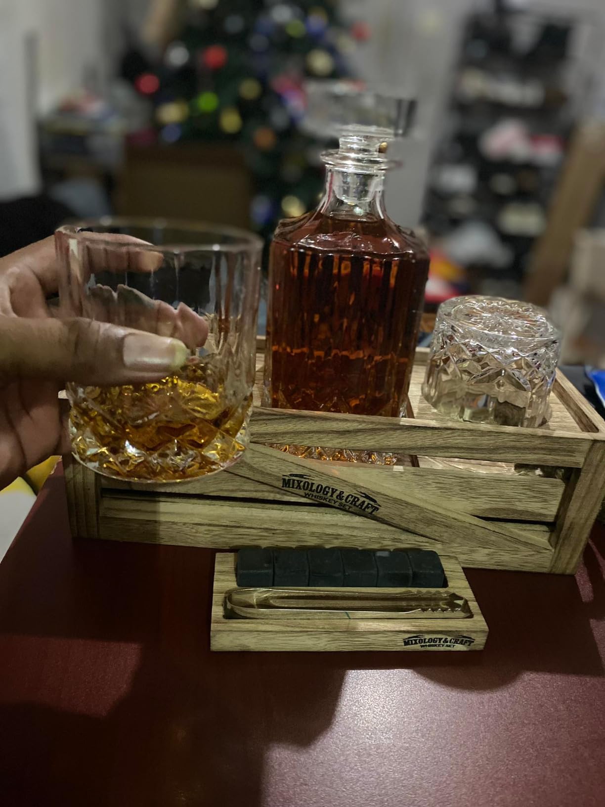 Mixology & Craft Whiskey Decanter Set - Elegant 24oz Crystal Glasses, Rustic Wood Stand, 6 Chilling Stones, Metal Tongs, Recipe Cards, 2 Glasses, Lead-Free - Ideal Gift for Fathers customer photo 2