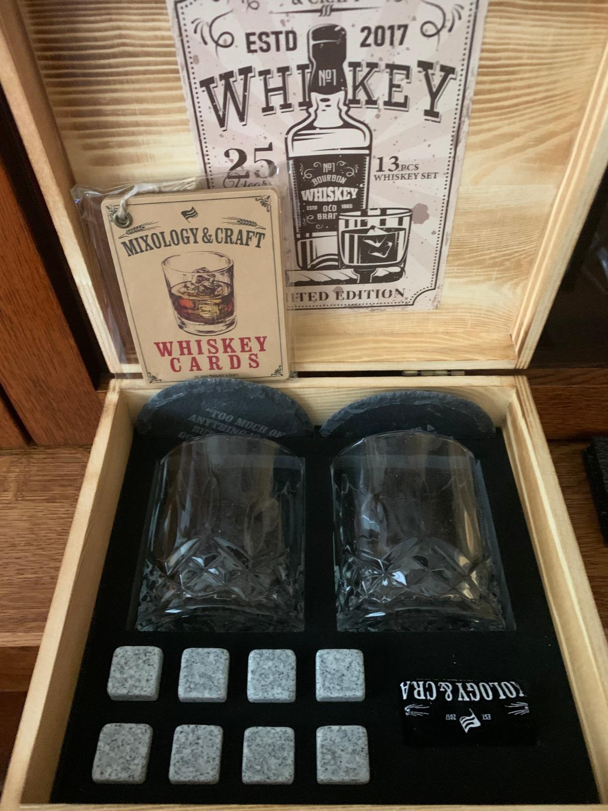 Mixology & Craft Whiskey Stones Gift Set: with Two 10oz Lead-Free Crystal Whiskey Glasses, 8 Whiskey Stones with Velvet Bag, 2 Slate Coasters & Recipe Cards in Wooden Crate customer photo 2