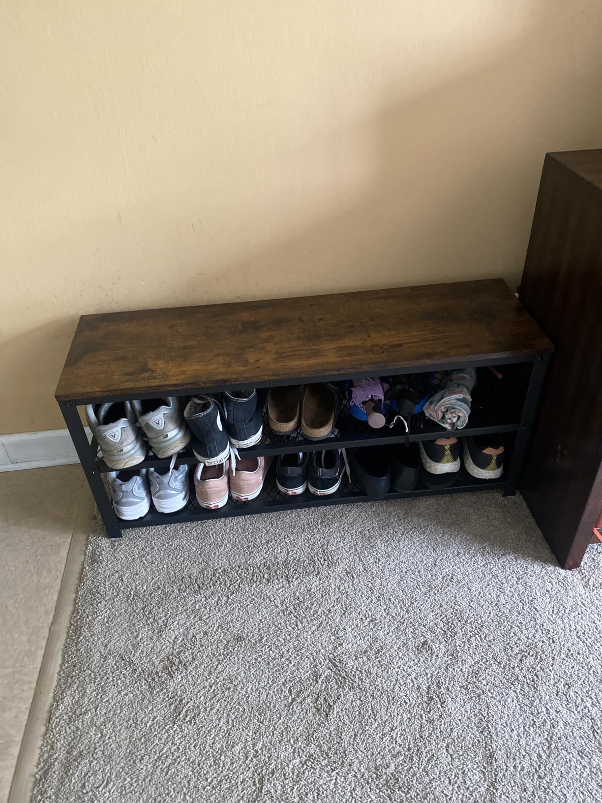 VASAGLE 3-Tier Shoe Rack, Storage Bench with Metal Mesh Shelves and Seat | Free Standing Shoe Organizer, 11.8 x 39.4 x 17.7 Inches, Rustic Brown and Black, DAXTON Collection ULBS078B01 customer photo 1