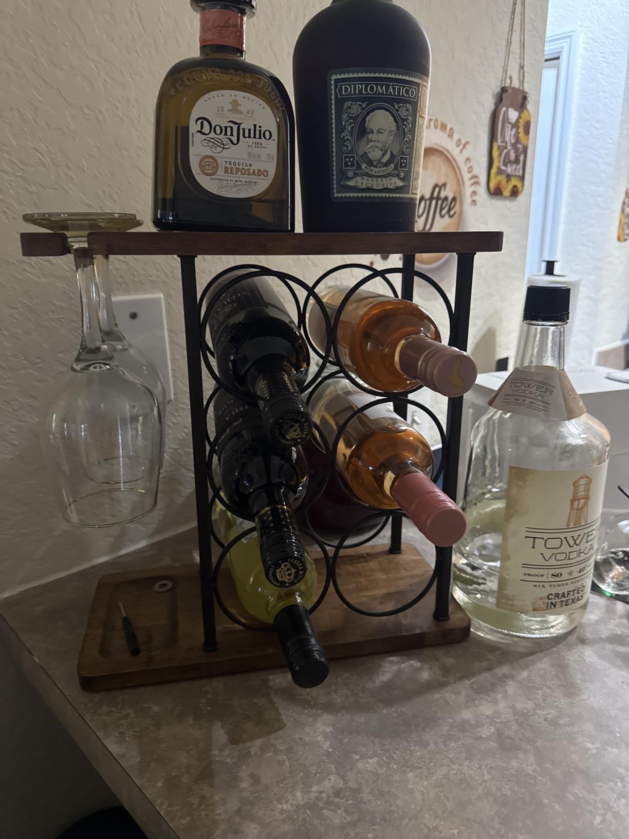 ALLCENER Wine Rack with Glass Holder, Countertop Wine Rack, Wooden Wine Holder with Tray, Perfect for Home Decor & Kitchen Storage Rack etc (Hold 6 Bottles and 2 Glasses) customer photo 1