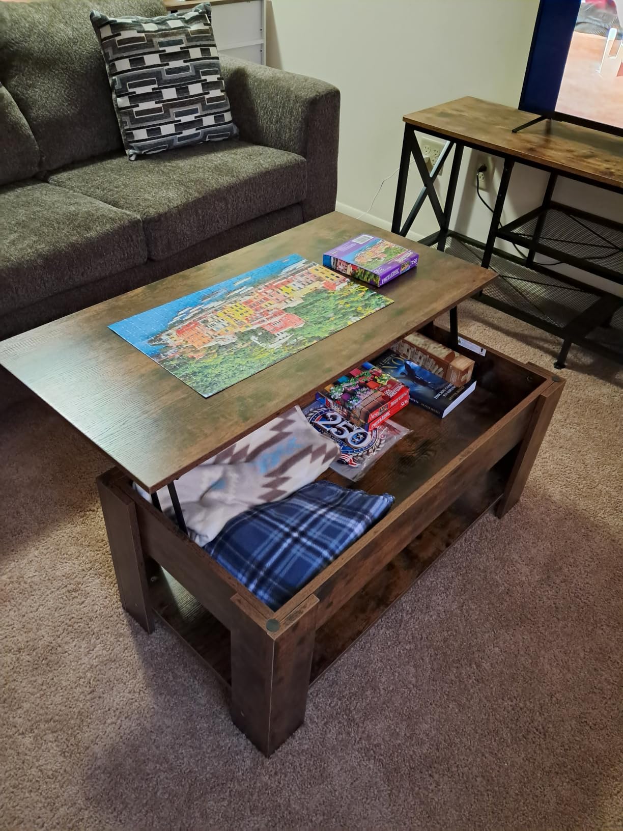 Yaheetech Lift Top Coffee Table with Hidden Storage & Shelf, Gray, 38.6
