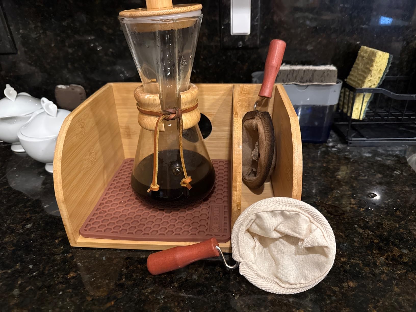 HEXNUB Pour Over Caddy for Chemex Bodum Cosori Coffee Makers Black | Handmade Bamboo Stand, Filter Holder, Heatproof Mat for a Cleaner Coffee Station customer photo 1