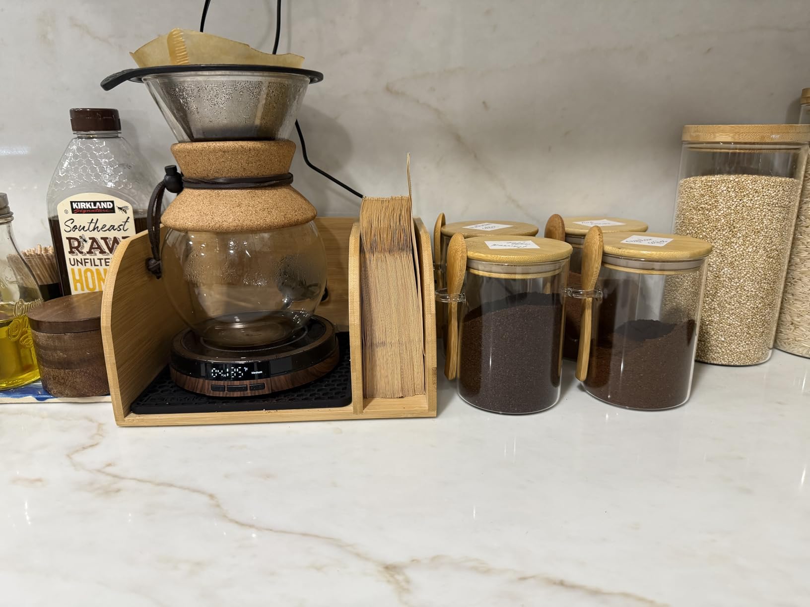 HEXNUB Pour Over Caddy for Chemex Bodum Cosori Coffee Makers Black | Handmade Bamboo Stand, Filter Holder, Heatproof Mat for a Cleaner Coffee Station customer photo 2