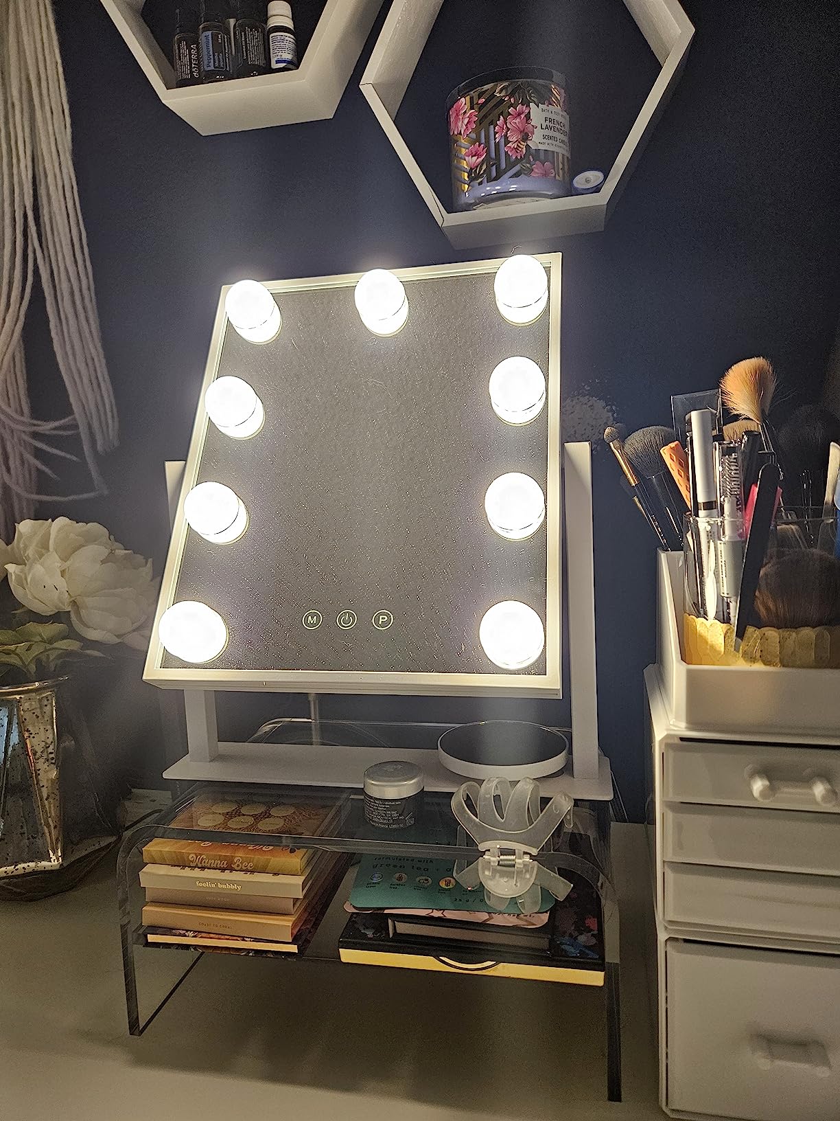 BWLLNI Lighted Makeup Mirror, White Vanity Mirror with Lights, 9 LED Bulbs | Hollywood Mirror Touch Control Design 3 Colors Dimable LED Bulbs, Detachable 10X Magnification, 360° Rotation, 12