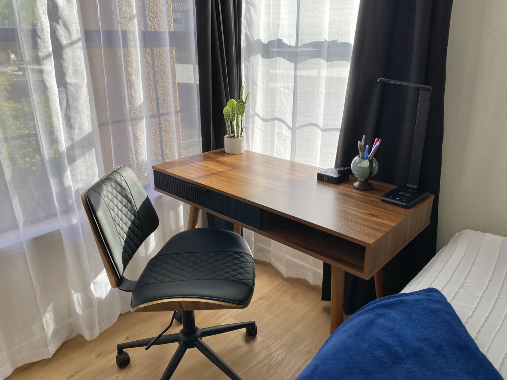 White Writing Desk with Storage, Mid Century Modern Desk for Small Spaces | 42.5-Inch Desktop, Soild Wood Legs, Hidden Drawer & Open Cubby Storage, Built-in Cable Management for a Clean Workspace customer photo 1