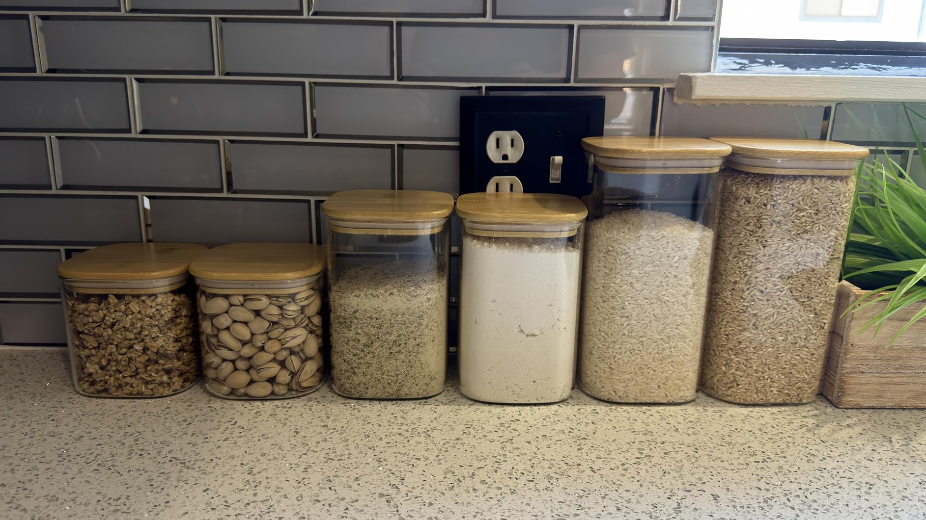 ComSaf Glass Pantry Storage Containers (0.7Qt/1.2Qt/1.6Qt) Set of 6, Square | Glass Storage Containers with Lids, Kitchen Canisters, Pantry Jar, Bamboo Lid with Silicone Seal, Flour Cereal Tea, BPA Free customer photo 2