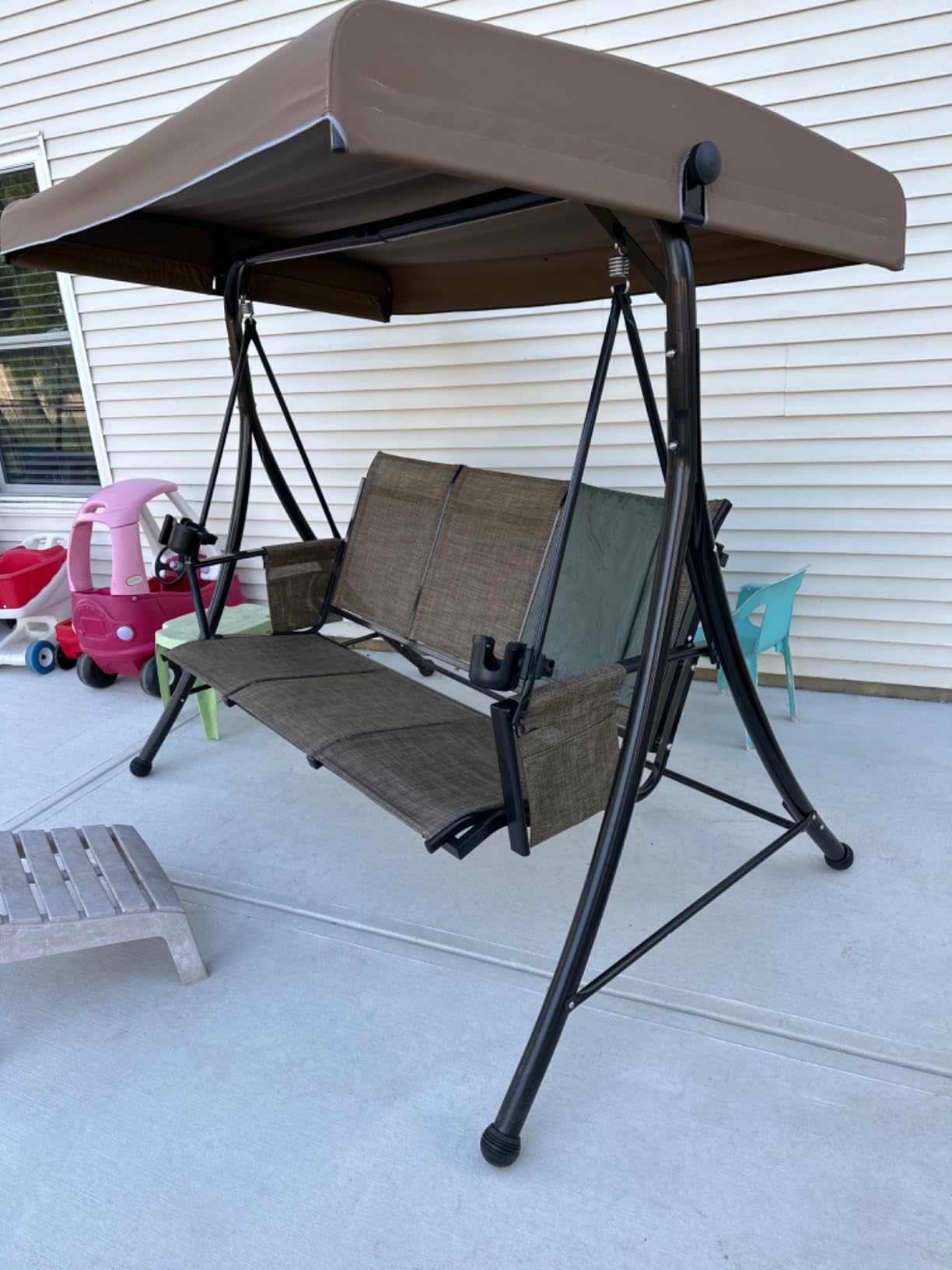 PURPLE LEAF 3-Seat Outdoor Patio Porch Swing with Textilene Fabric, Canopy and Stand Design, Heavy-Duty Aluminum Structure customer photo 1