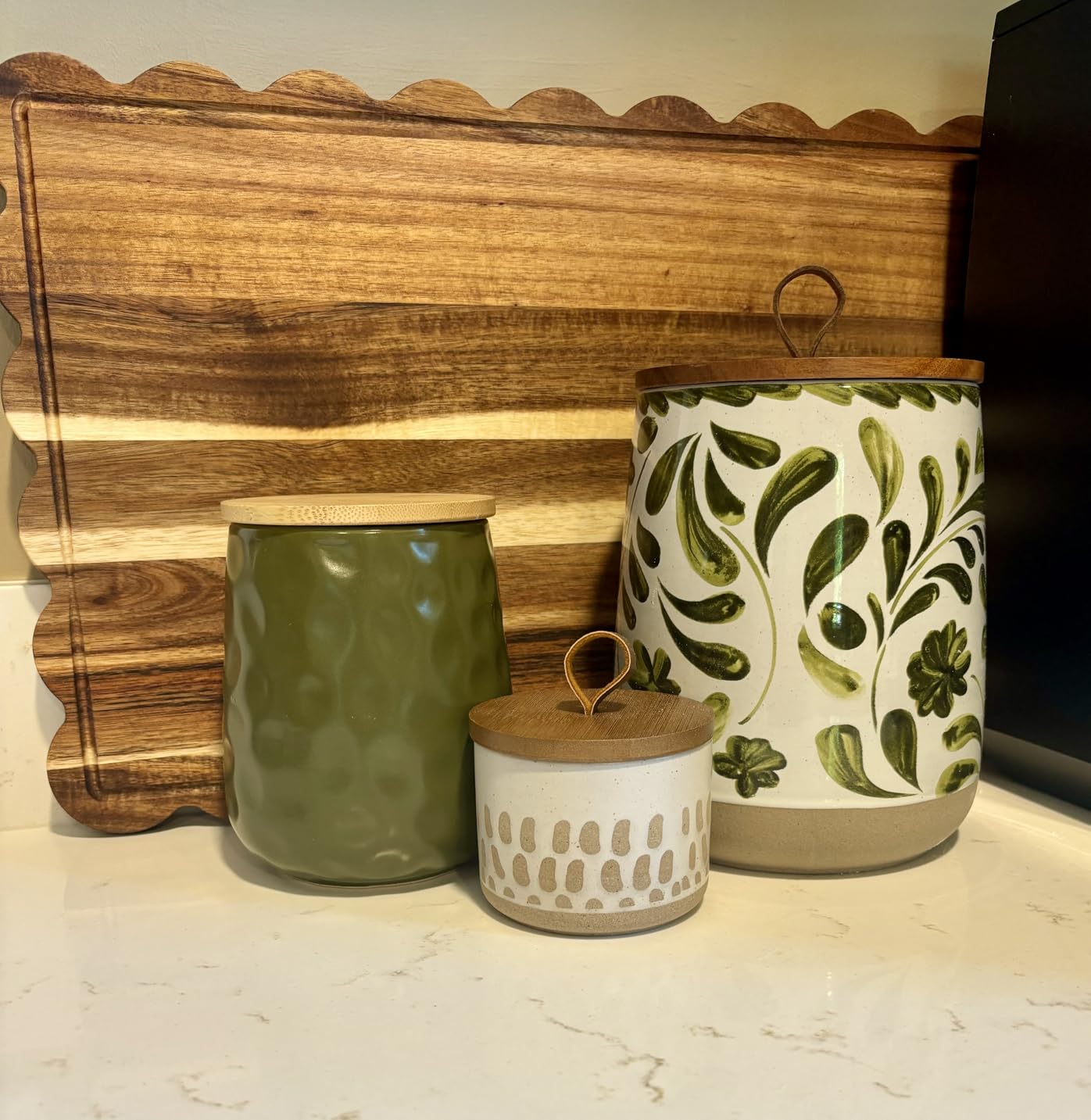 TTU Tabletops Gallery Ceramic Canister Collection- Stoneware Designed Kitchen Storage Embossed Acacia Wood White Set, 3 Piece Embossed Ziggy White Canister Set customer photo 2