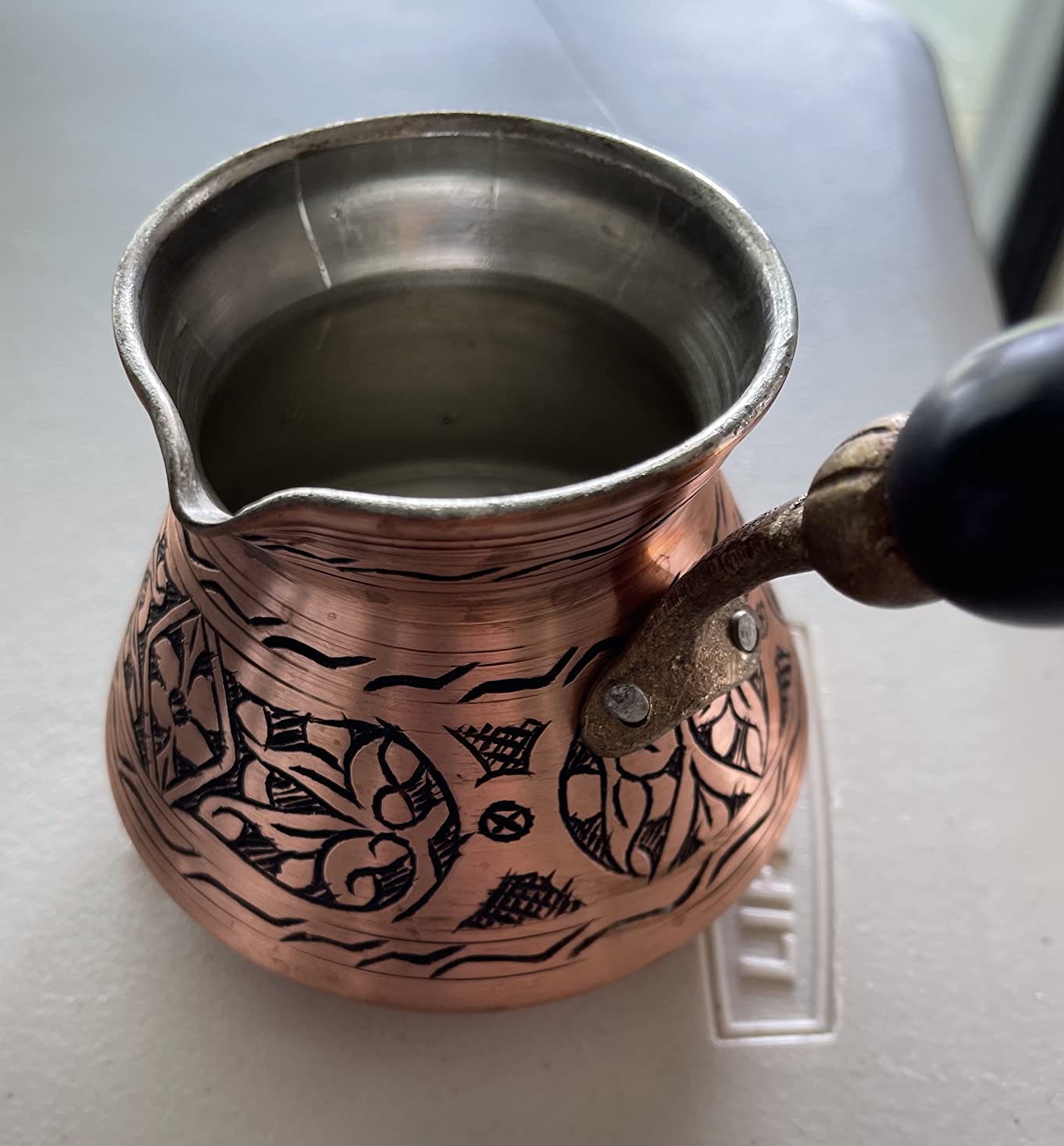 12 Oz Copper Turkish Greek Arabic Coffee Pot with Wooden Handle (4 cups), Cezve, Ibrik, Briki Greek Coffee Pot, Hammered Turkish Coffee Maker customer photo 2
