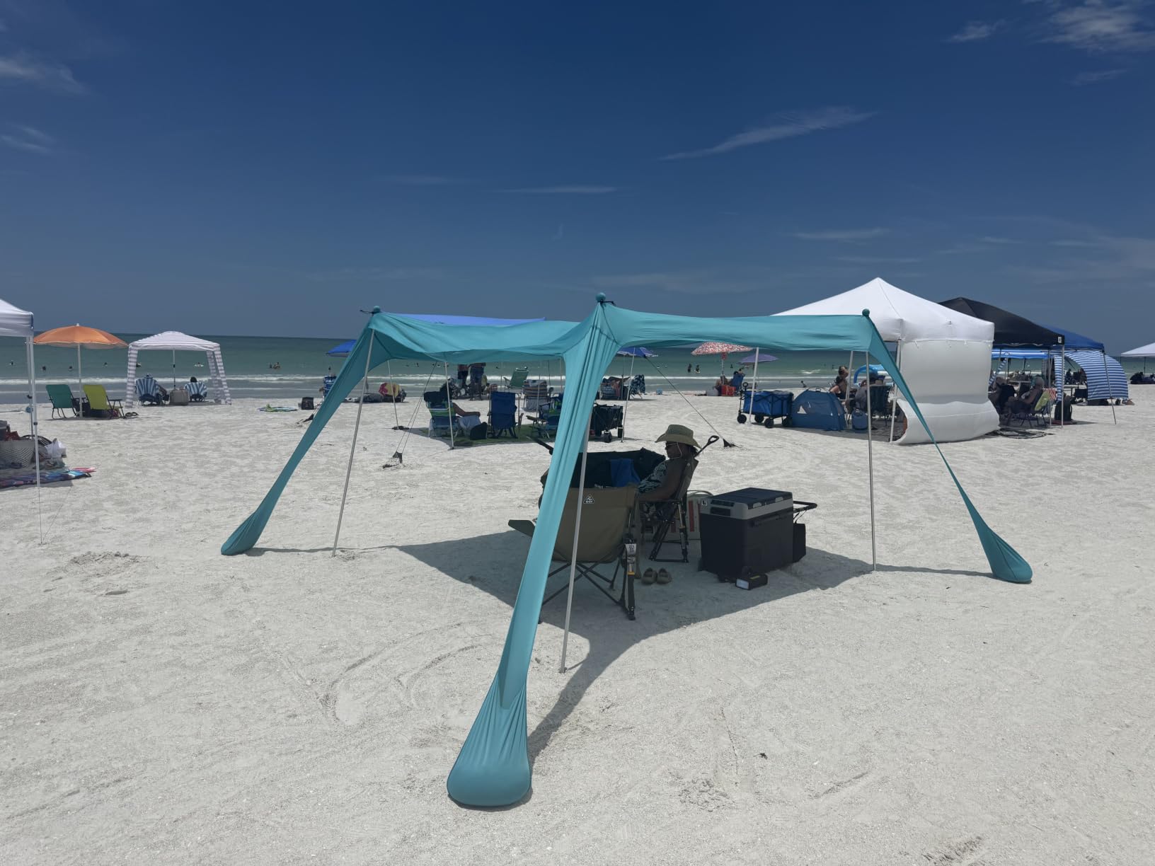 Family Beach Tent Canopy Sun Shade, Pop Up Grande Beach Tent Sun Shelter Stability 4 Poles with Portable Carry Bag Outdoor Shade for Fishing Backyard Camping customer photo 2