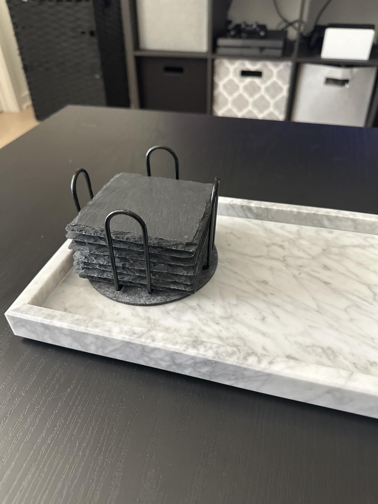Slate Coasters Set of 8 with Metal Holder - Modern Stone Coasters for Drinks, 4 Inch Square, Black customer photo 1