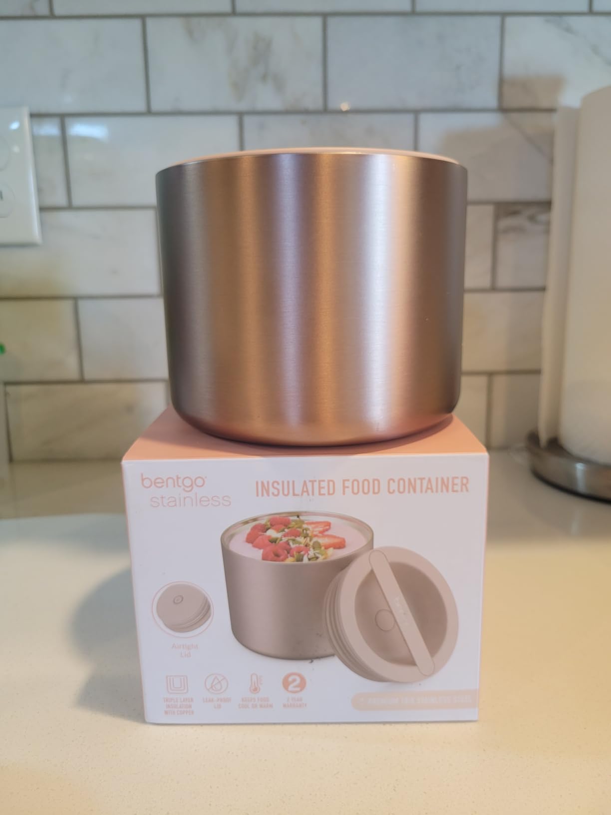 Bentgo Stainless Steel Insulated Food Container - Leak-Proof, Triple-Layer Insulation, Vacuum Seal, Built-In Handle, Wide Opening, 2.4 Cups (19 fl oz), for Cool/Warm Foods (Stainless Steel) customer photo 1