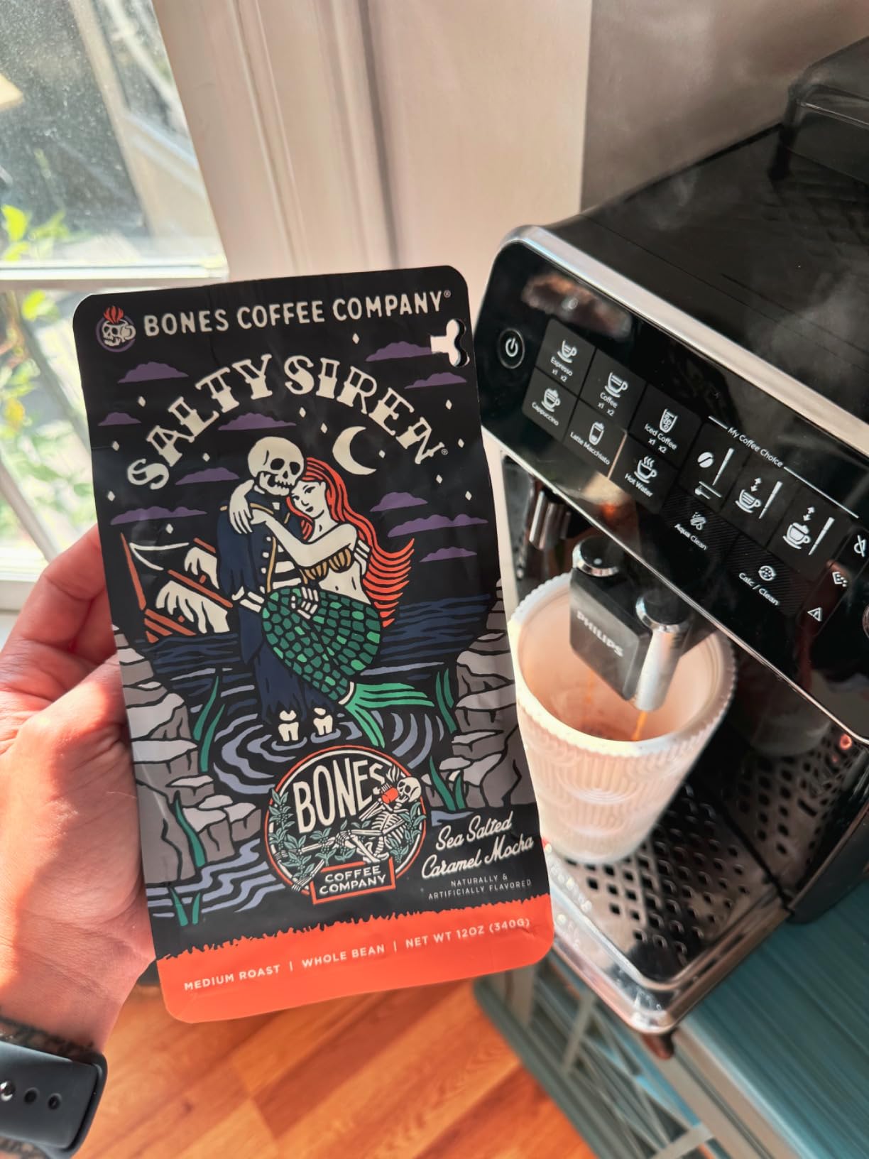Bones Coffee Company Salty Siren, Sea Salted Caramel Chocolate Flavored Coffee, Medium Roast Low Acid Arabica Beans Compatible with Auto drip and French Press Coffee Maker, 12 Oz Whole Bean customer photo 1