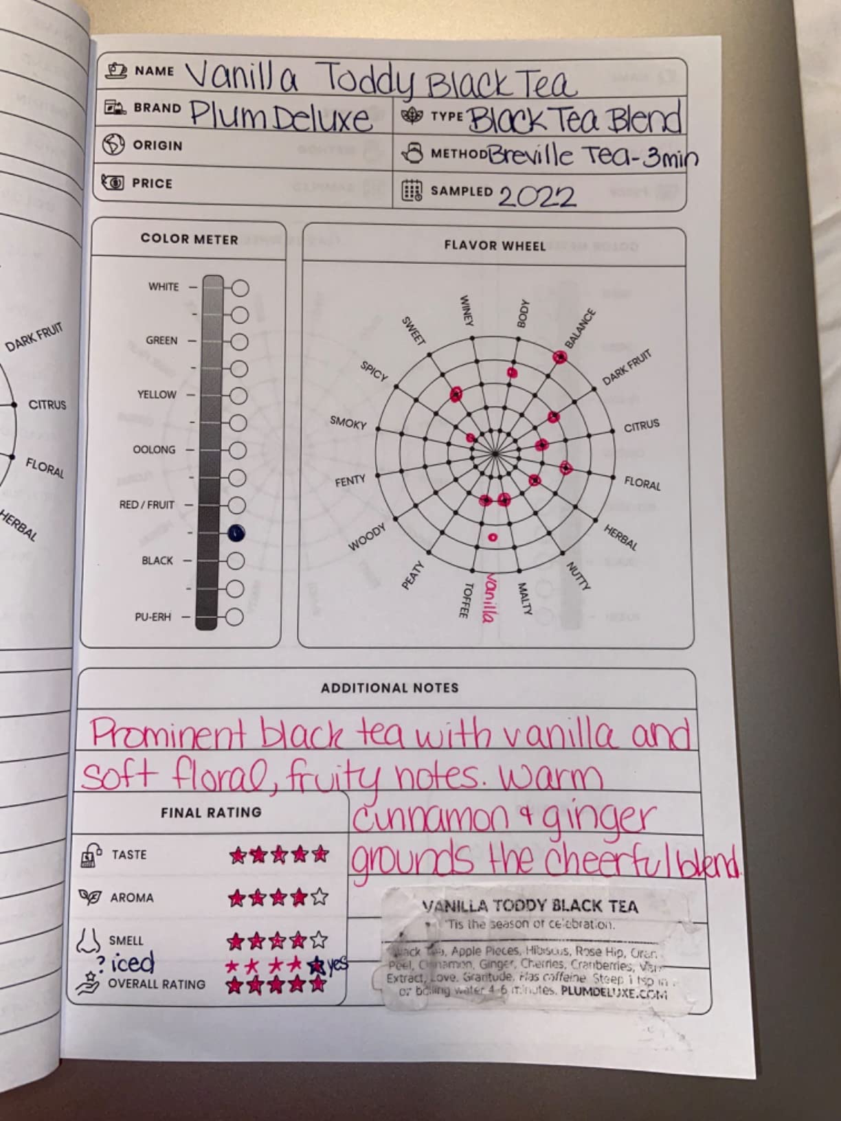 Tea Tasting Journal: Tea Lovers Journal Notebook Log Book to Record and Rate Tea Varieties with Flavor Wheel Tasting Chart, Color Meter, Origin (Premium Cream Paper, Volume 1) customer photo 1