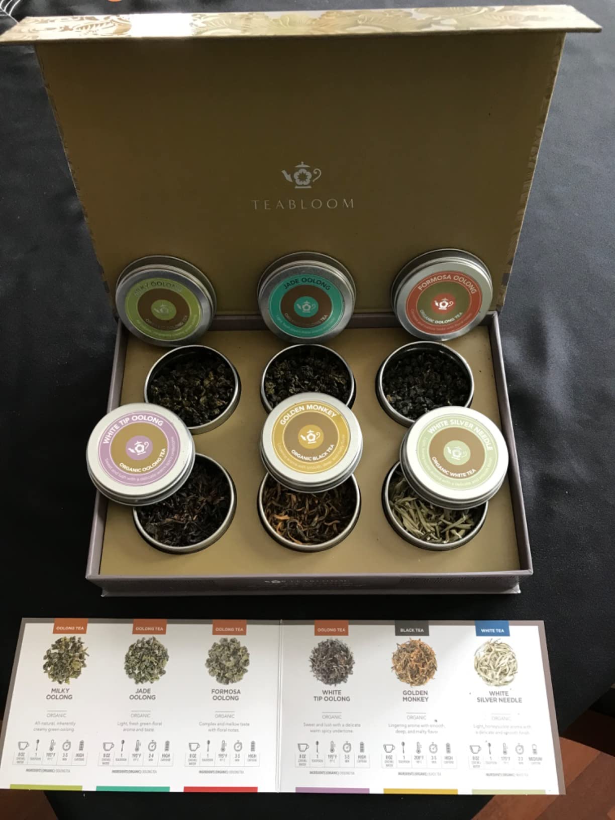 Teabloom Masters Collection - Six Rare Single-Origin Organic Loose Leaf Teas - Milky Oolong, White Silver Needle, Big Red Robe, Golden Monkey, Jade and White Tip Oolong customer photo 2