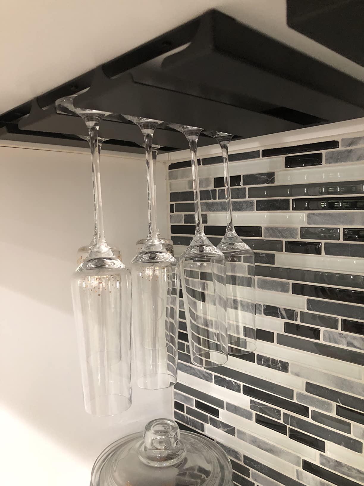 Wine Glass Holder Under Shelf or Cabinet, Stainless Steel 16.5 Inch Stemware Rack, Glassware Drying Hanger, Metal Hanging Organizer for Bar Restaurant, Matte Black, 4 Row customer photo 1