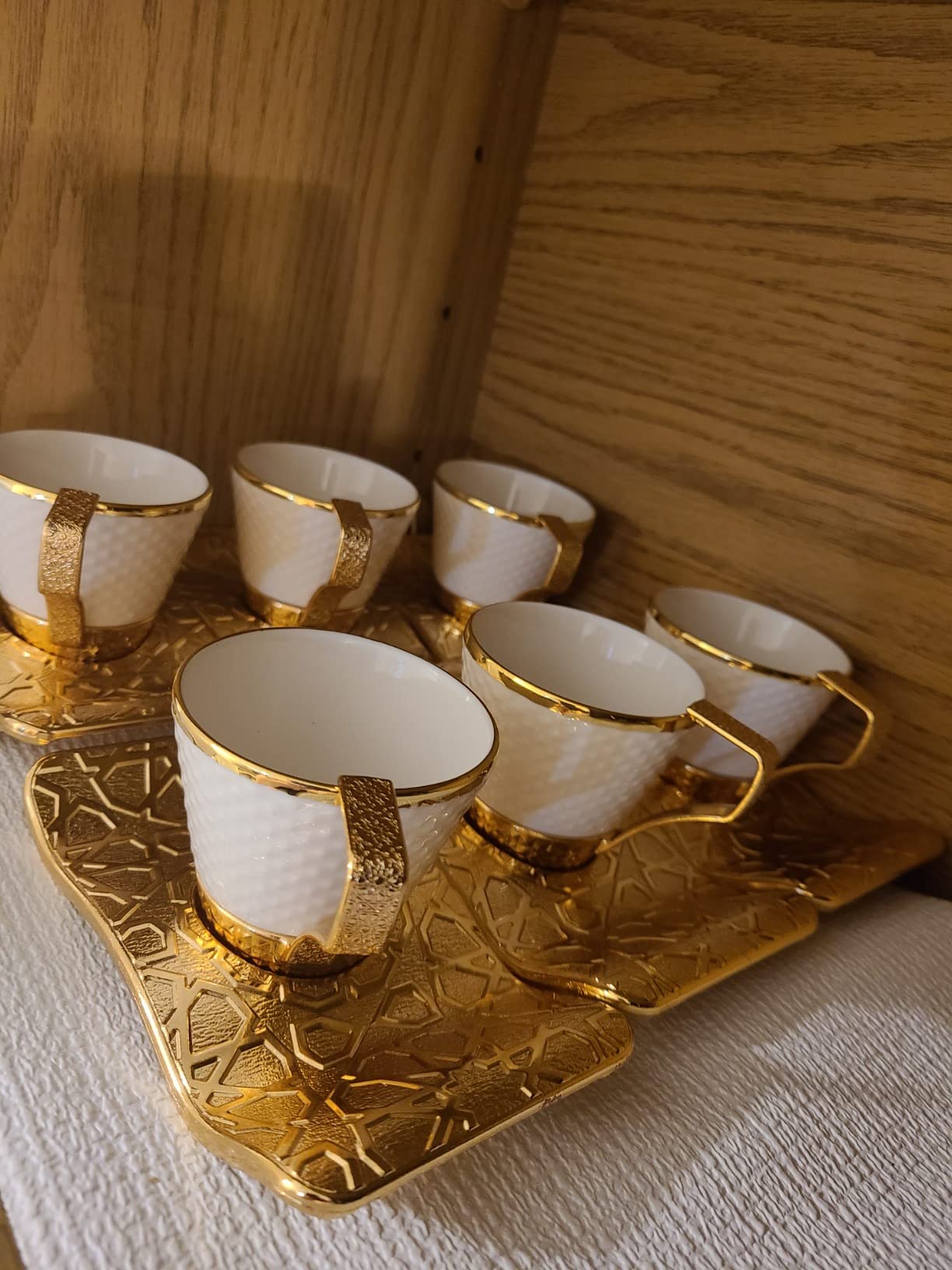 DEMMEX Turkish Greek Arabic Bosnian Coffee & Espresso Cup Set for 6 - 18 Pcs, Porcelain Demitasse Cups (2.6 Oz/80ml) with Gold Metal Holders & Saucers - Ottoman Chic Elegance, White & Gold customer photo 2