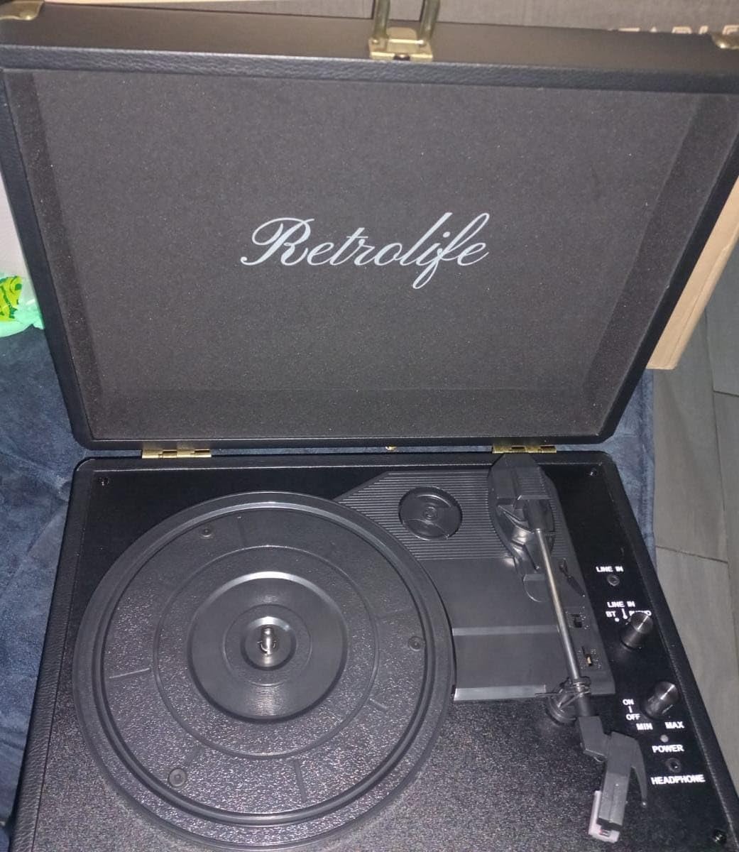 Retrolife Vinyl Record Player with Speakers, Bluetooth Vinyl Player-Black | Portable, 3-Speed BT Turntable, Belt-Driven, RCA Line Out & Headphone Jack, Auto Stop, Plays 7/10/12