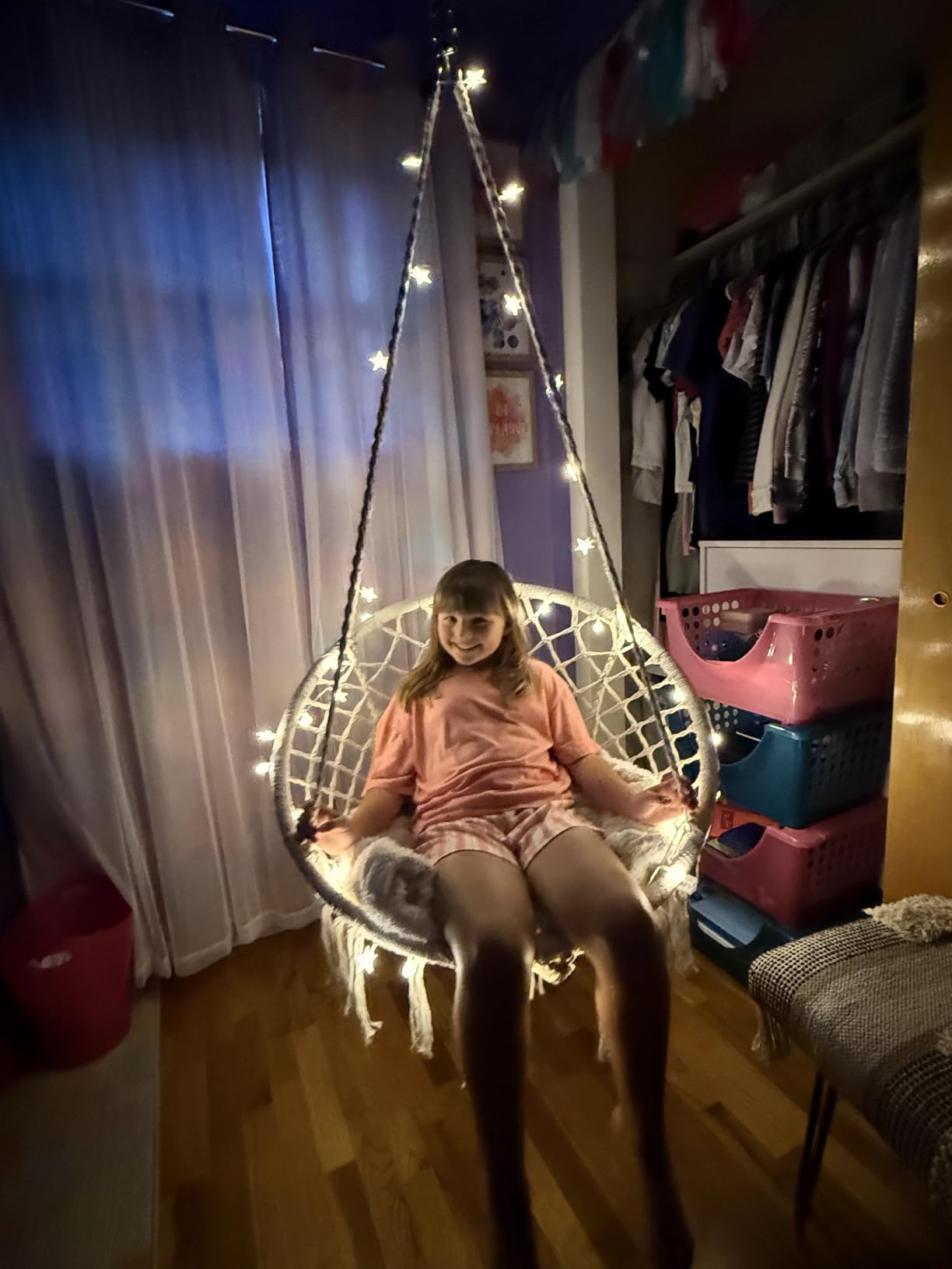 KASHAN Hanging Chair for Bedroom Hammock Chair Swing with Lights and Hardware Kits Holds up to 550Lbs Macrame Swing Chair Hanging Cotton Rope for Patio, Deck, Garden - Cushion Not Included customer photo 2