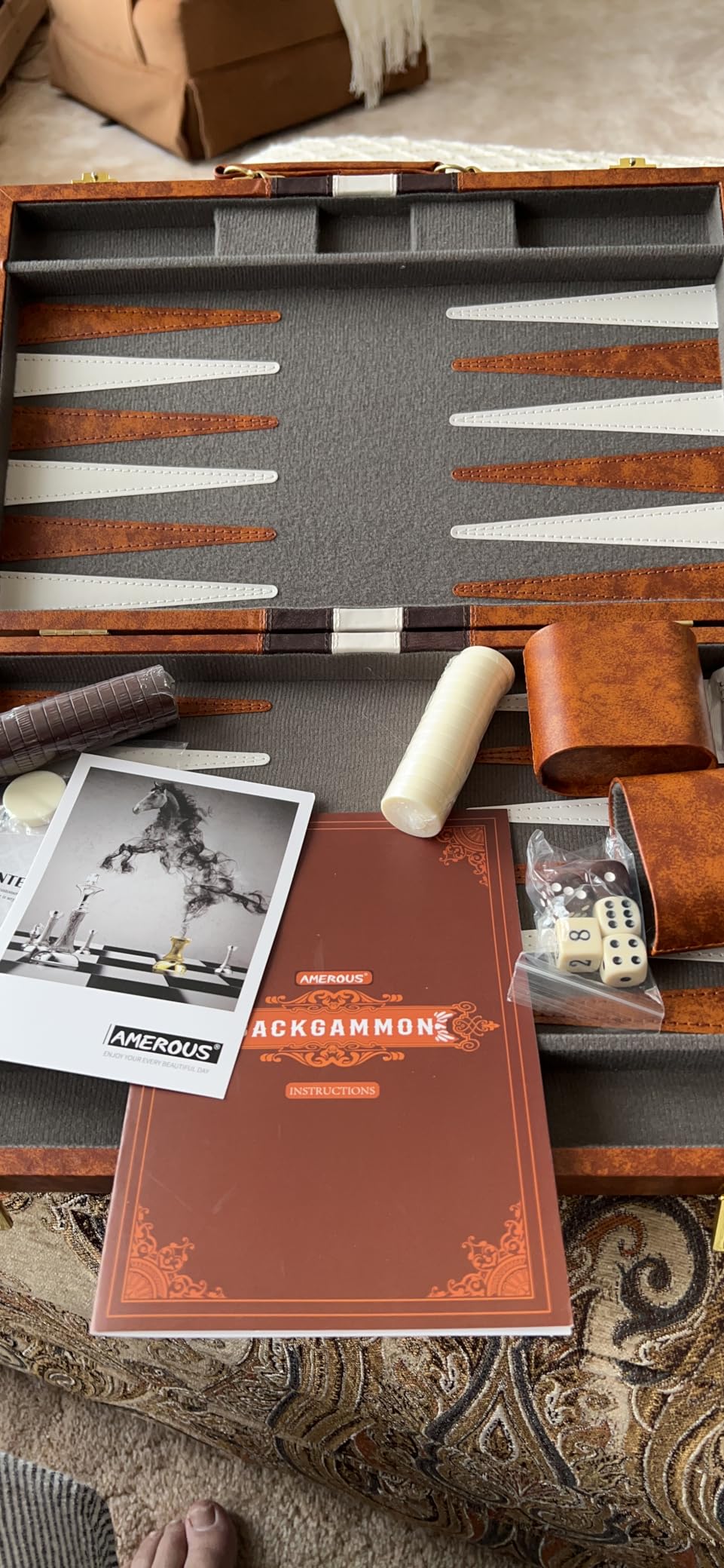 AMEROUS Backgammon Set, 15 Inches Classic Board Game with Leather Case, Folding Board, Gift Package, Portable Travel Strategy Backgammon Game Set for Adults, Kids (Medium, Brown) customer photo 2