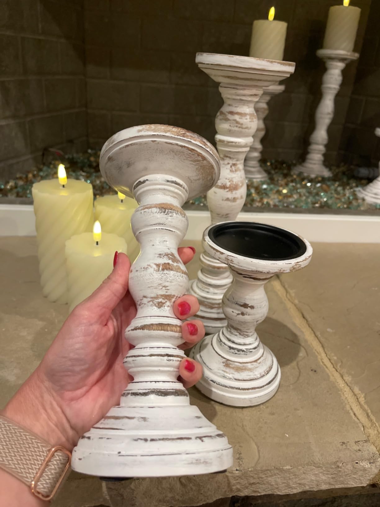 Wooden Pillar Candle Holder, Farmhouse Fireplace Mantel Decor, Rustic White customer photo 1