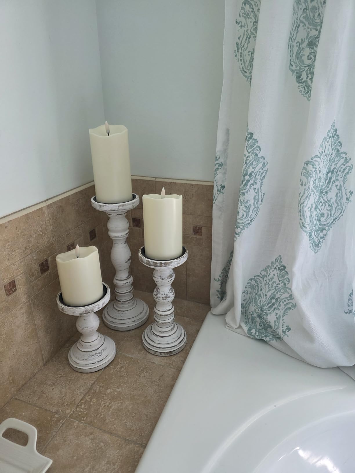 Wooden Pillar Candle Holder, Farmhouse Fireplace Mantel Decor, Rustic White customer photo 2
