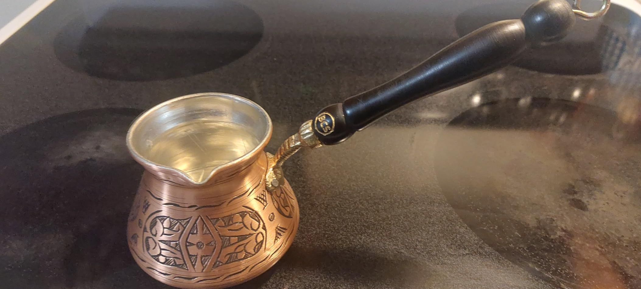 BCS 12 oz Handmade Copper Turkish Coffee Pot, Hand-Engraved Cezve & Spoon | Greek/Arabic Coffee Maker Briki/ibrik | Made in Turkey | Tin Lined | Gas & Electric Stovetops; Not Induction | Wooden Spoon customer photo 1