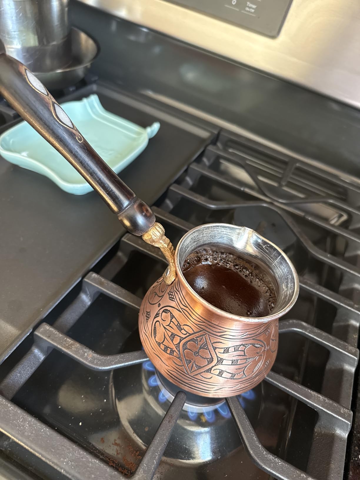 BCS 12 oz Handmade Copper Turkish Coffee Pot, Hand-Engraved Cezve & Spoon | Greek/Arabic Coffee Maker Briki/ibrik | Made in Turkey | Tin Lined | Gas & Electric Stovetops; Not Induction | Wooden Spoon customer photo 2
