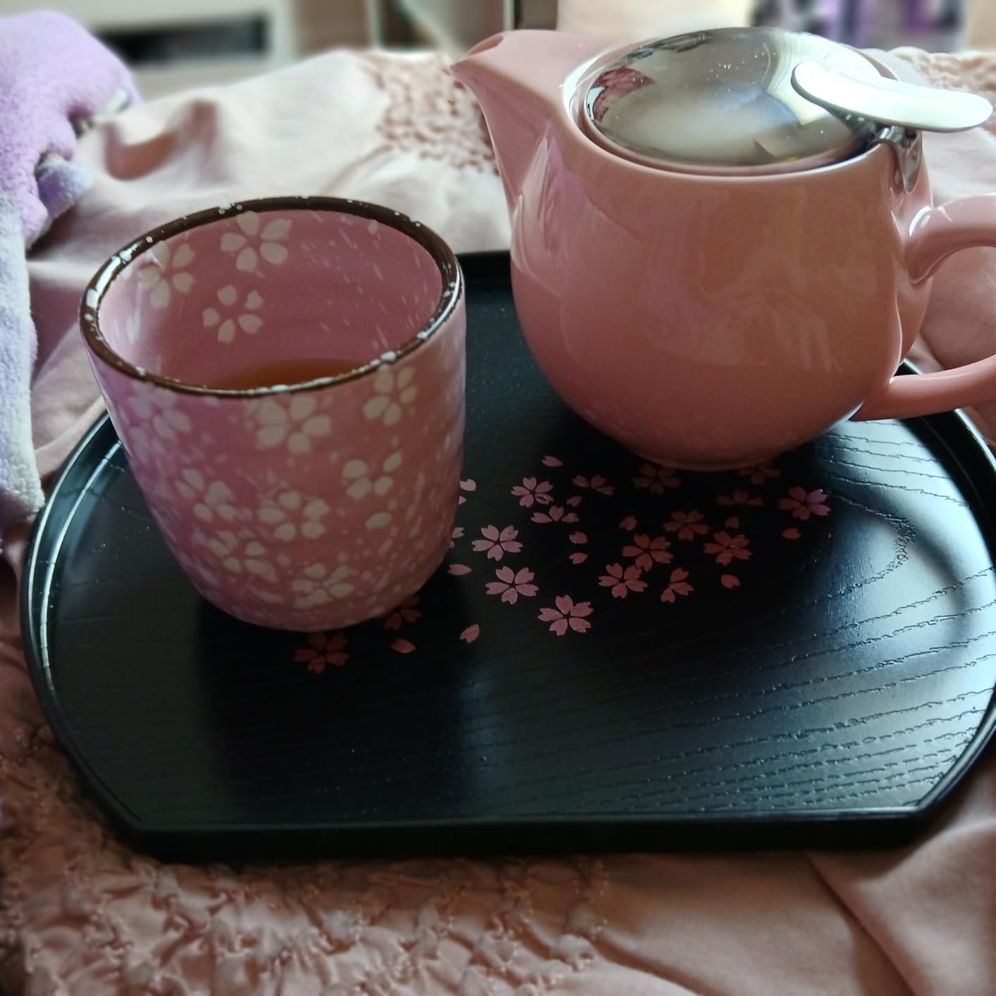 Cherry Blossom Pattern Tea Serving Tray, Half Moon Shaped, 8.8 x 7.8 inches, Made in Japan customer photo 1