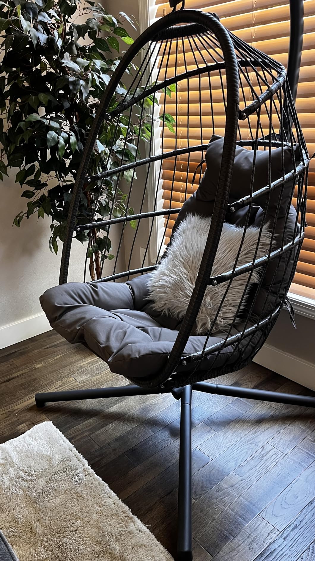 NICESOUL Hanging Egg Chair with Stand Indoor Outdoor, Comfy Patio Rattan Swing Hammock Chairs with Cushion, 350lbs Capacity Egg Shaped Chair for Lawn Backyard Balcony Bedroom, Birthday Gift, Beige customer photo 2