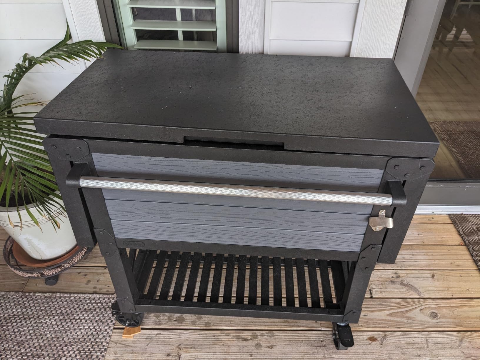 Keter 89.8 Qt Portable Outdoor Patio Cooling Chest, Graphite | Cooler Chest Beverage Party Bar Cart Table with Swivel Wheels, Shelves, and Bottle Opener customer photo 2