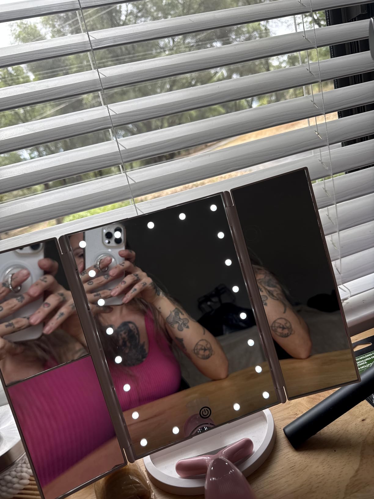 HUONUL 2X/3X/10X Magnifying Vanity Mirror with Light, Trifold Makeup Mirror | Touch Dimming, Dual Power, Clear View for Makeup, Skincare. Dorm Room Essentials. Birthday Gifts for Women, Mom, Wife, Girls customer photo 1