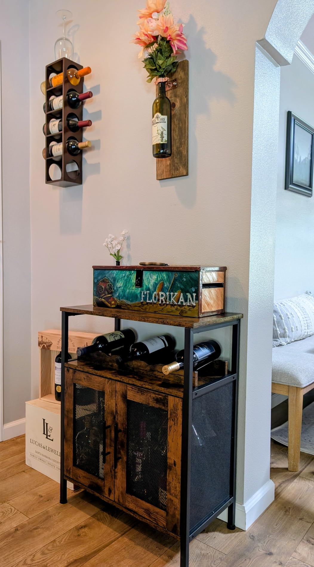X-cosrack Wine Bar Rack Cabinet with Detachable Wine Rack, Coffee Bar with Glass Holder, Small Sideboard and Buffet Cabinet with Mesh Door, Rustic Brown (Patent Pending) customer photo 1