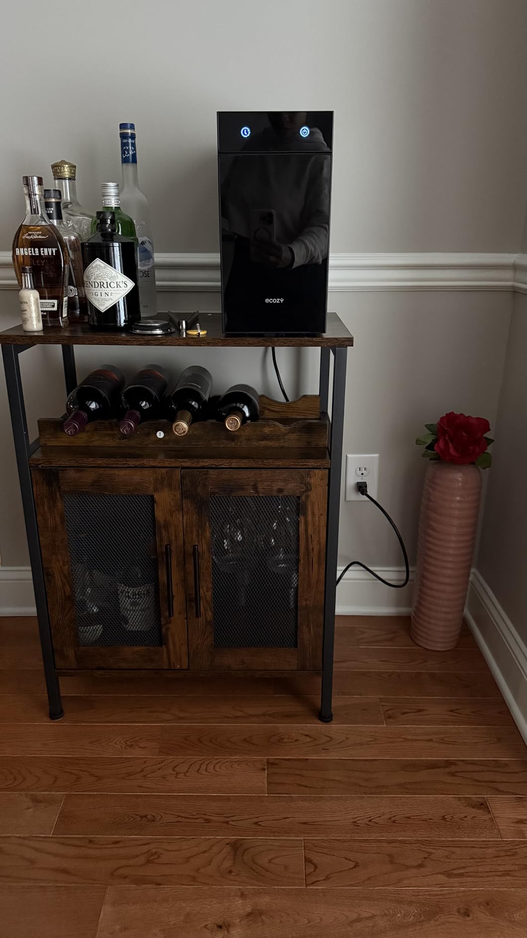 X-cosrack Wine Bar Rack Cabinet with Detachable Wine Rack, Coffee Bar with Glass Holder, Small Sideboard and Buffet Cabinet with Mesh Door, Rustic Brown (Patent Pending) customer photo 2