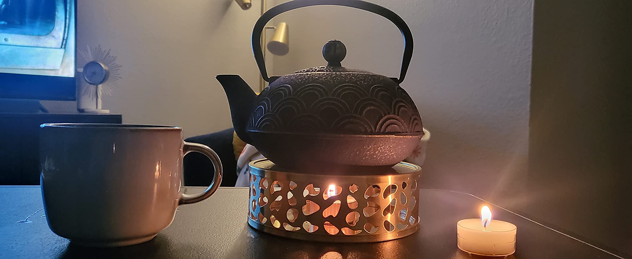 Simtive Teapot Warmer, Brushed Stainless Steel Tea Warmer with Tealight Holder, Gold customer photo 2