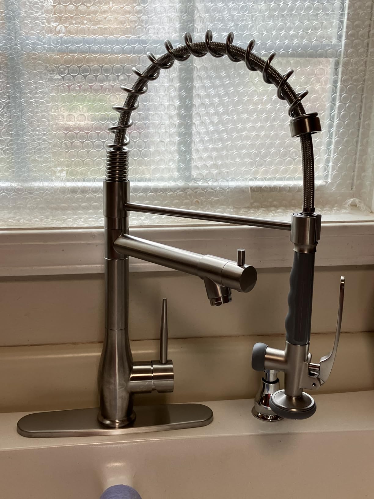 GIMILI Commercial Kitchen Sink Faucet with Pull Down Sprayer Brushed Nickel | High Pressure Double Headed Spray, Stainless Steel Construction, Single Handle Control, Deck Plate Included, Modern Style customer photo 2