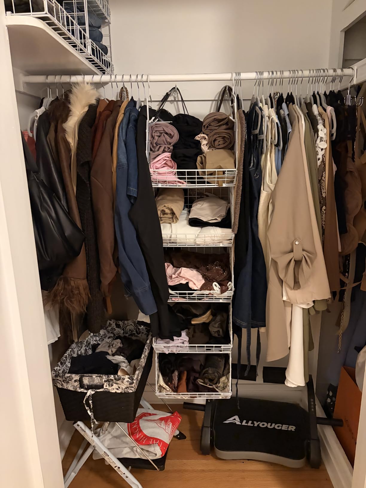 X-cosrack 5 Tier Closet Hanging Organizer, Clothes Hanging Shelves with 4 Hanging Hooks 5 S Hooks, Wire Storage Basket Bins, for Clothing Sweaters Shoes Handbags Accessories Patent Design customer photo 1